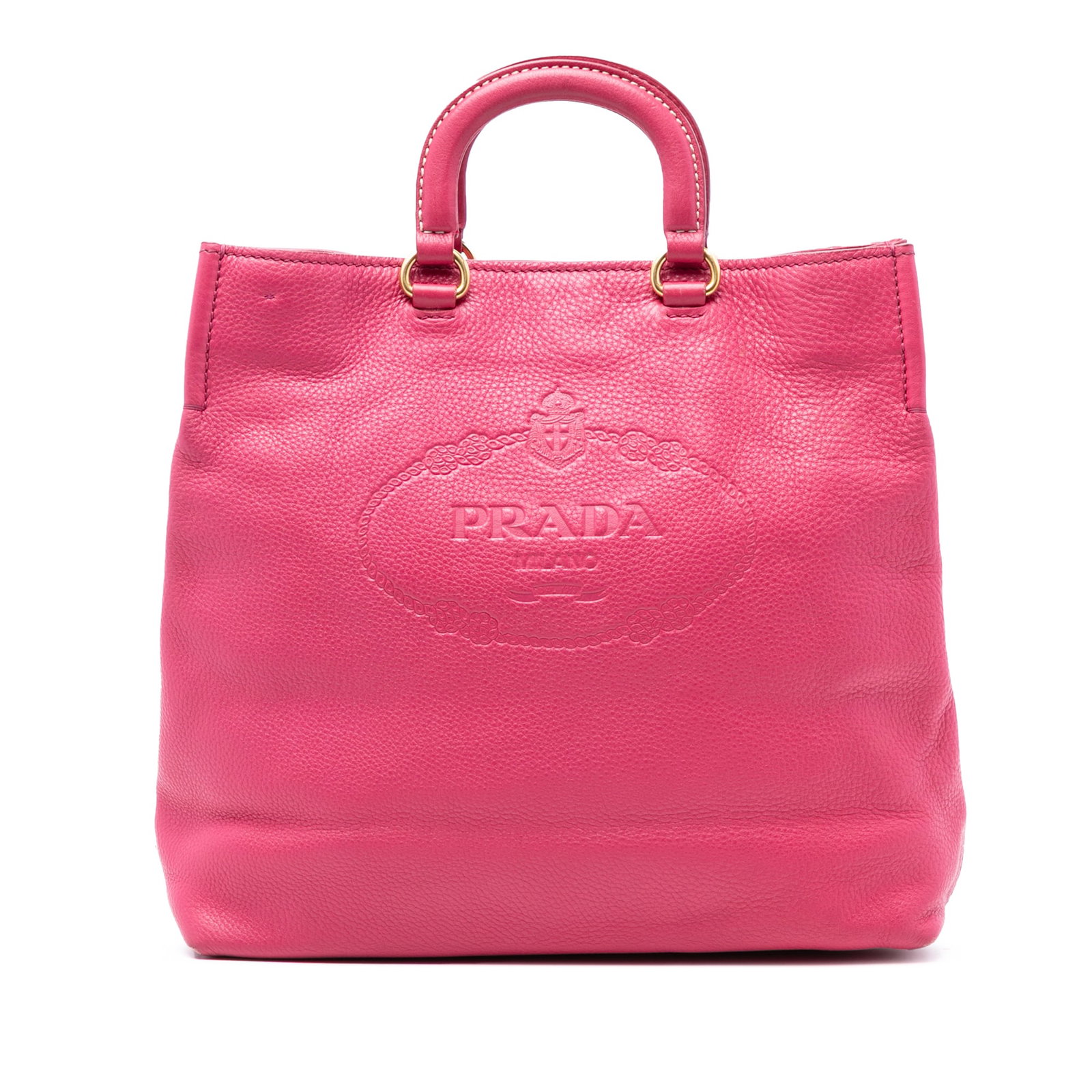 Prada Vitello Daino Pink Leather Convertible Satchel with Embossed Logo: Prada Vitello Daino Pink Leather Convertible Satchel with Embossed Logo This Prada Vitello Daino Embossed Canapa Logo Open Convertible Tote features a pink leather body with flat leather handles and a