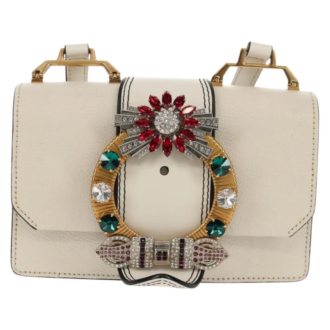 Miu Miu Madras Crystal Buckle White Leather Handbag: Miu Miu Madras Crystal Buckle White Leather Handbag Miu Miu Madras Crystal Buckle leather bag in white. Made in Italy, this piece features the Madras Crystal Buckle design and is presented in good con