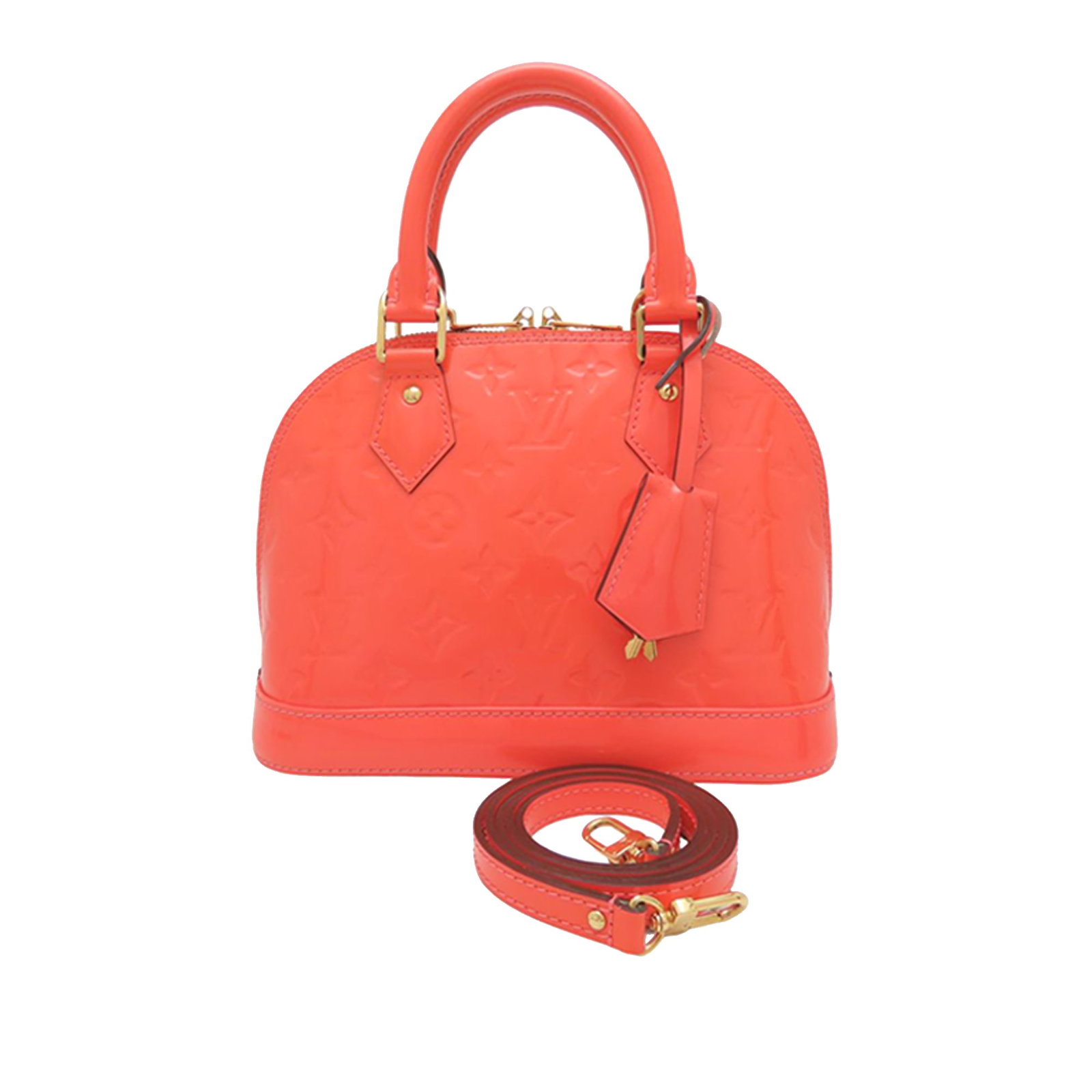 Louis Vuitton Alma BB Monogram Vernis Pink Leather Bag: Louis Vuitton Alma BB Monogram Vernis Pink Leather Bag Louis Vuitton Monogram Vernis Alma BB bag in pink leather, made in France. It features rolled leather top handles, a detachable flat leather stra
