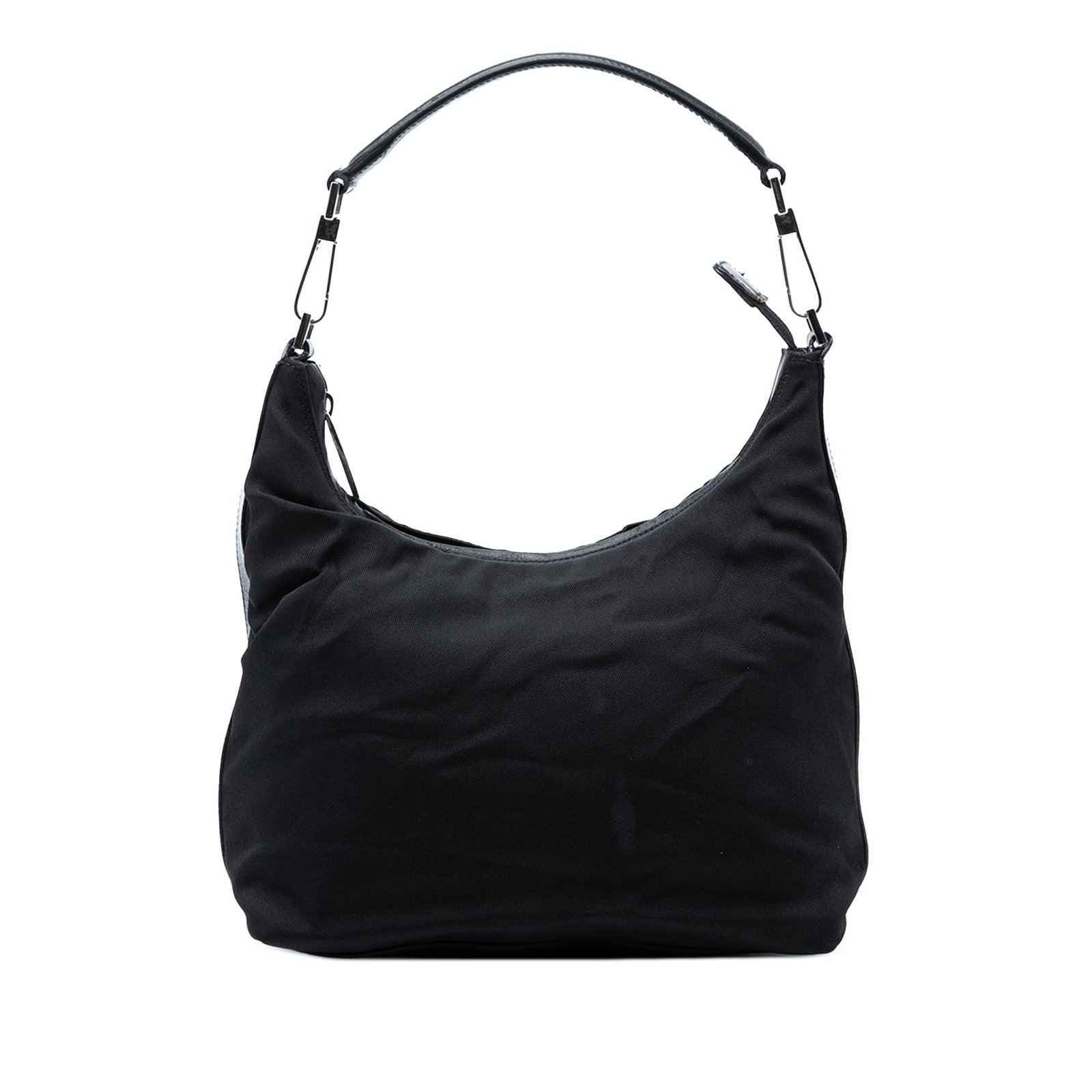 Black Fabric Shoulder Purse with Leather Trim by Gucci: Black Fabric Shoulder Purse with Leather Trim by Gucci This Gucci shoulder bag features a black nylon body with leather trim, a flat leather strap, a top zip closure, and an interior slip pocket. Made