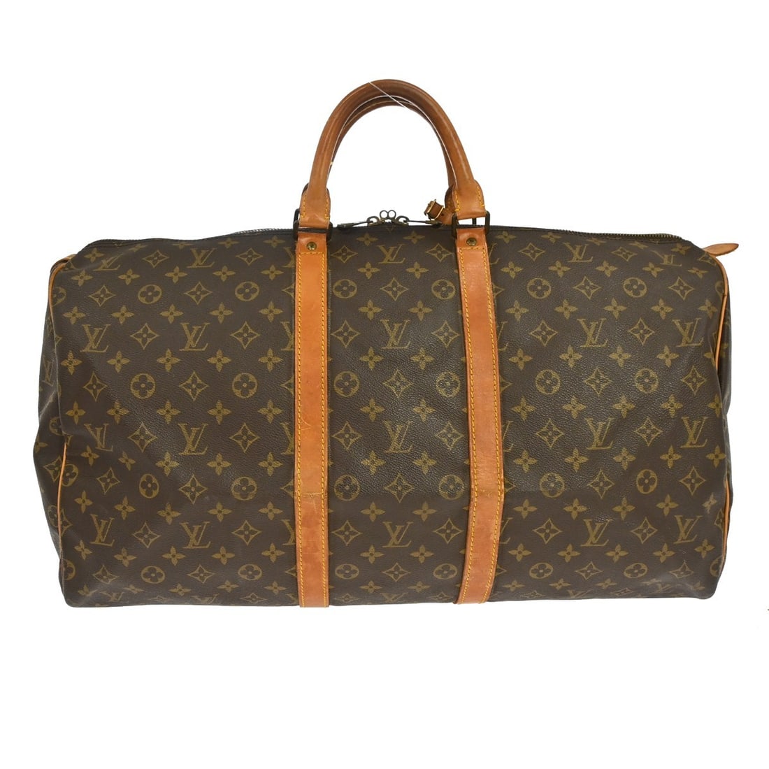 Louis Vuitton Keepall 55 Monogram Duffle Bag M41424 France: Louis Vuitton Keepall 55 Monogram Duffle Bag M41424 France Louis Vuitton Keepall 55 travel handbag in Monogram canvas and leather, styled as a duffle with a zip closure and double handles. This vintag