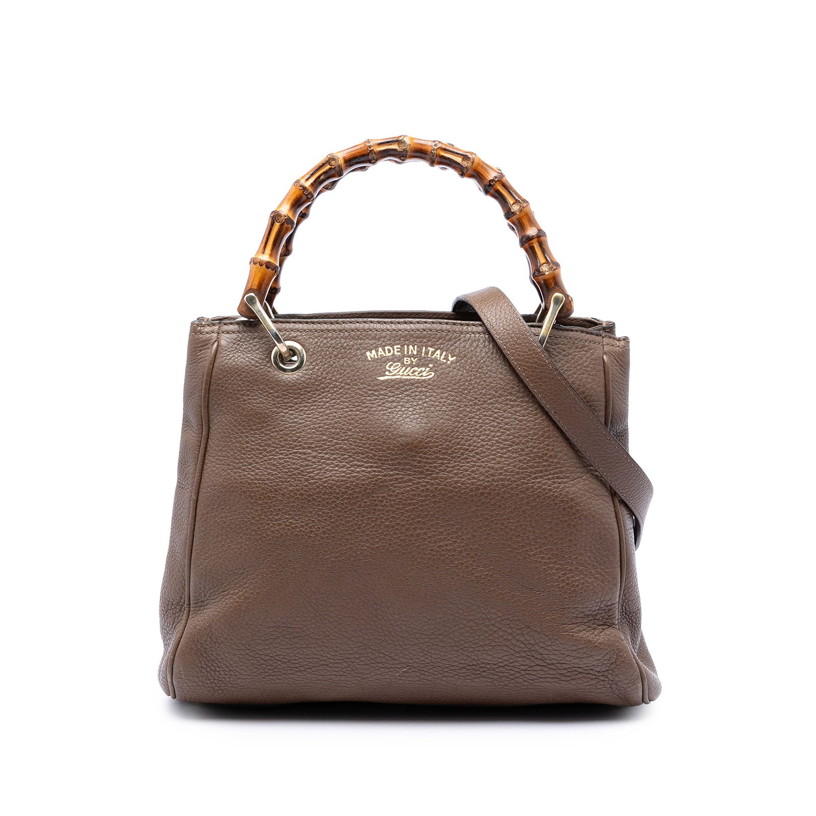 Gucci Bamboo Shopper Small Calfskin Leather Satchel Brown: Gucci Bamboo Shopper Small Calfskin Leather Satchel Brown This Gucci Small Calfskin Bamboo Shopper Satchel is crafted in brown leather and features signature bamboo top handles with a detachable, adju