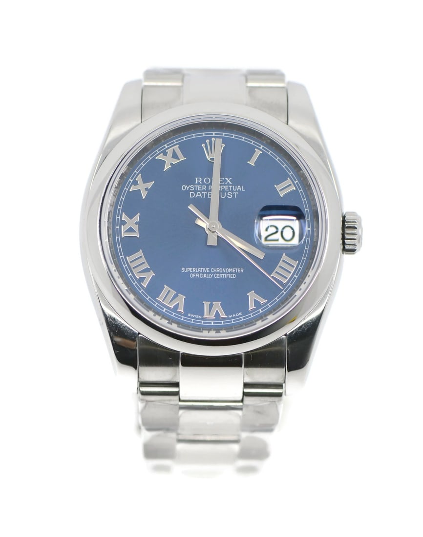 Rolex Datejust 36mm Blue Dial Stainless Steel Automatic Watch 116200: Rolex Datejust 36mm Blue Dial Stainless Steel Automatic Watch 116200 This Rolex Datejust wristwatch features a 36 mm stainless steel case and a stainless steel band. It has a blue analog dial and is p