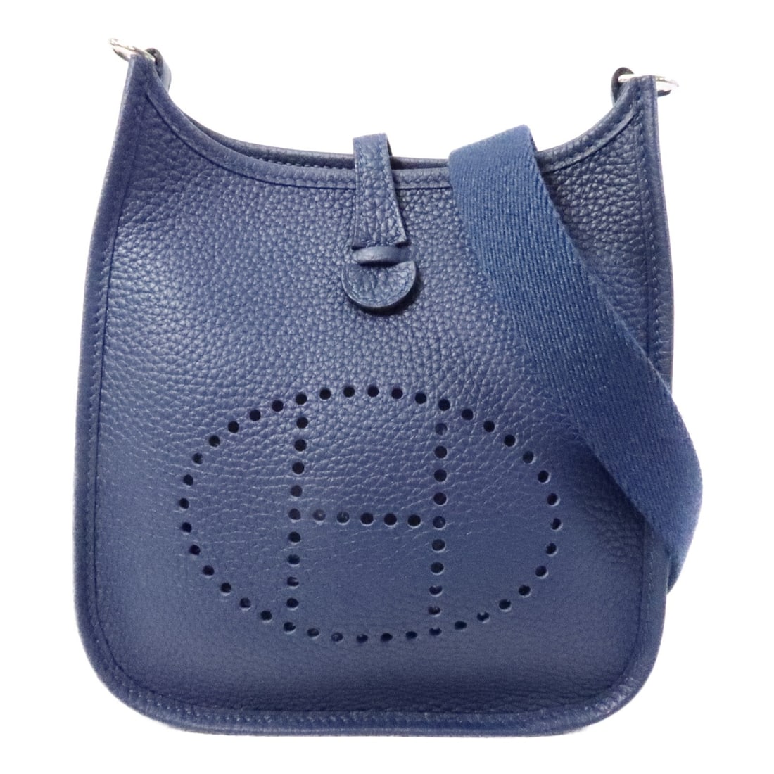 Hermes Evelyne TPM Clemence Leather Shoulder Bag Bleu De Prusse PHW: Hermes Evelyne TPM Clemence Leather Shoulder Bag Bleu De Prusse PHW Hermes PHW Evelyne TPM shoulder bag in Taurillon Clemence x calfskin (cowhide) with a Navy x Bleu De Prusse colorway. It comes with 
