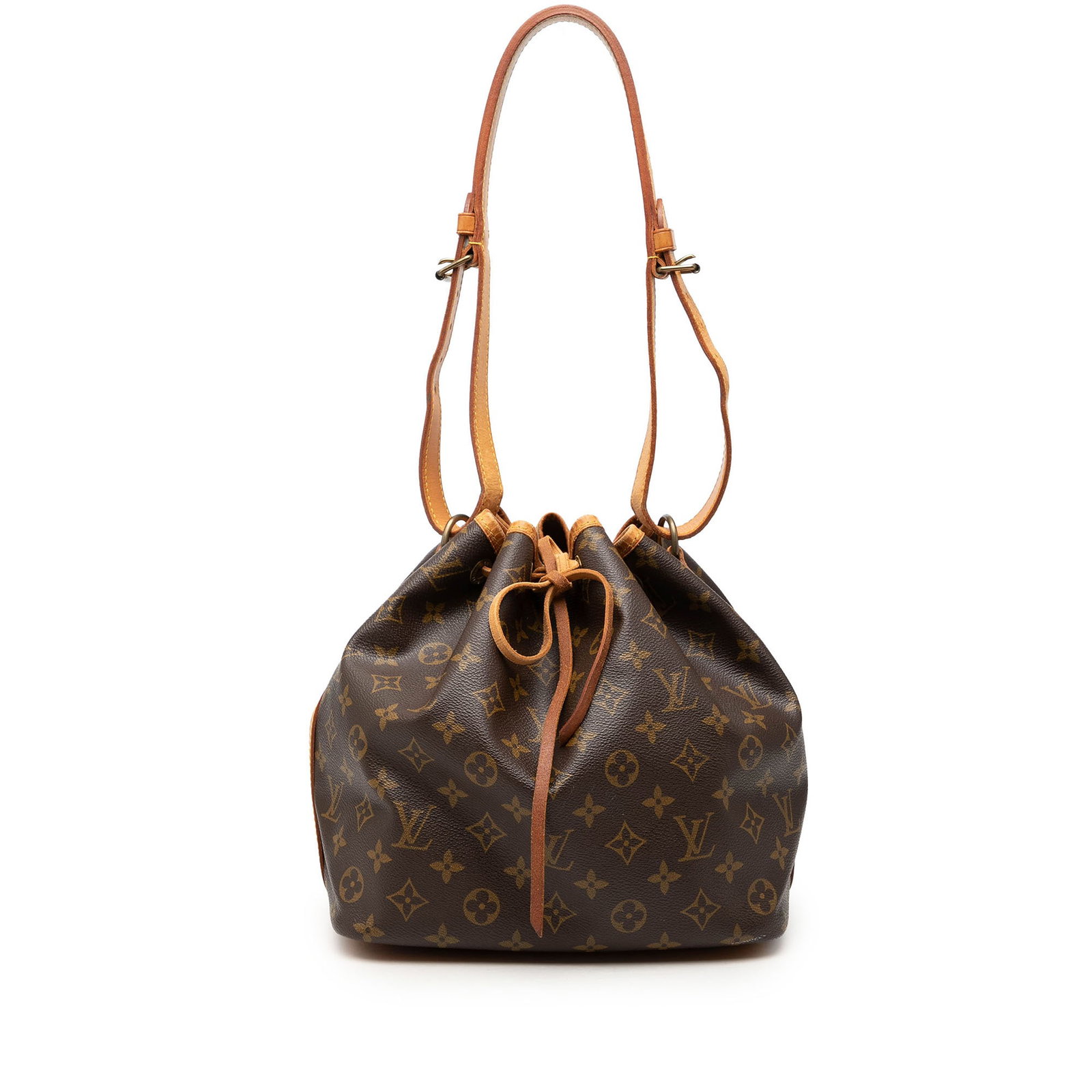Louis Vuitton Petit Noe Monogram Drawstring Shoulder Bag: Louis Vuitton Petit Noe Monogram Drawstring Shoulder Bag Louis Vuitton Monogram Petit Noe bag from France, featuring a monogram canvas body with vachetta leather trim, an adjustable flat vachetta leat