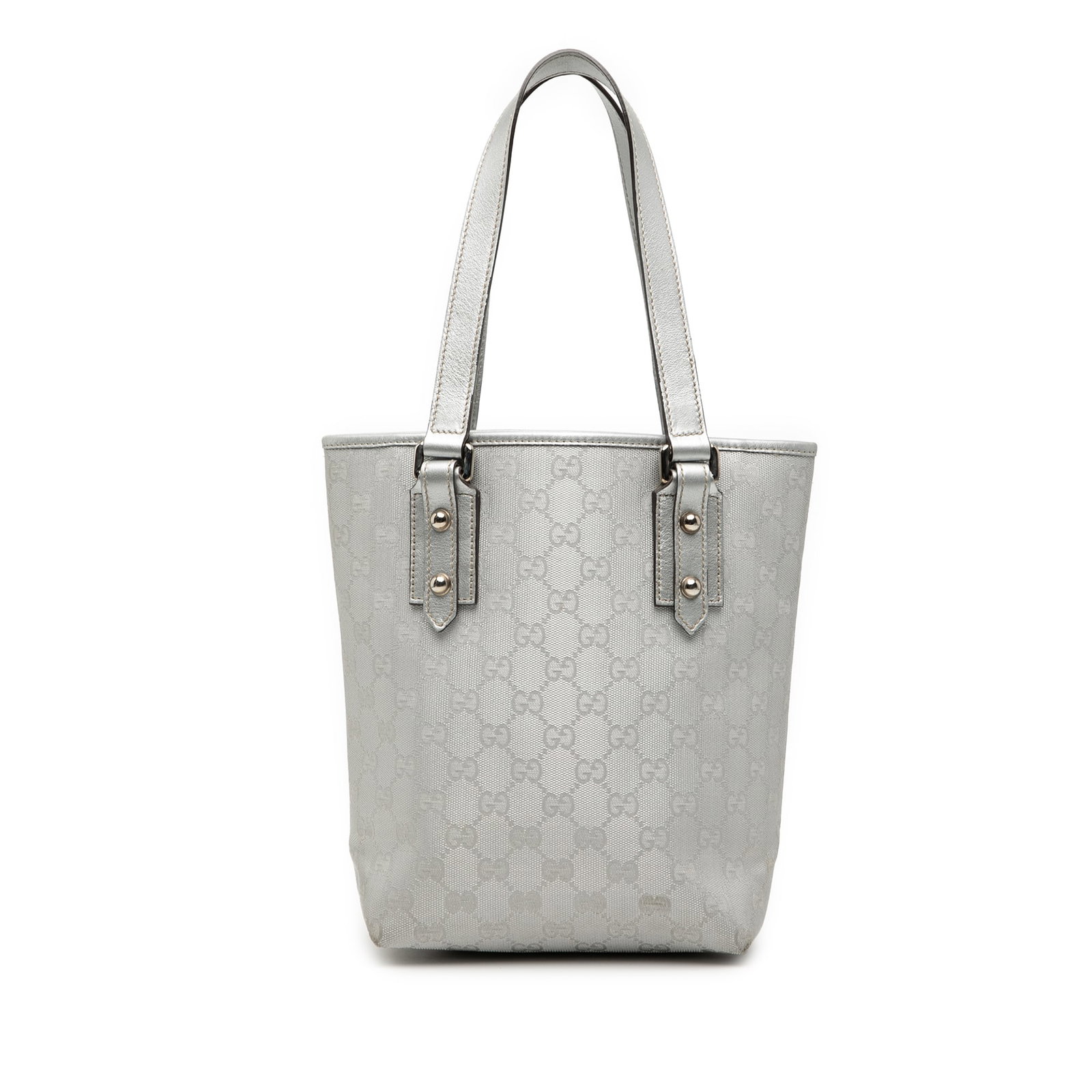 Silver GG Canvas Tote Bag with Leather Trim by Gucci: Silver GG Canvas Tote Bag with Leather Trim by Gucci This Gucci GG Canvas Tote features a canvas body with leather trim, flat leather straps, an open top, and interior zip and slip pockets. The item s