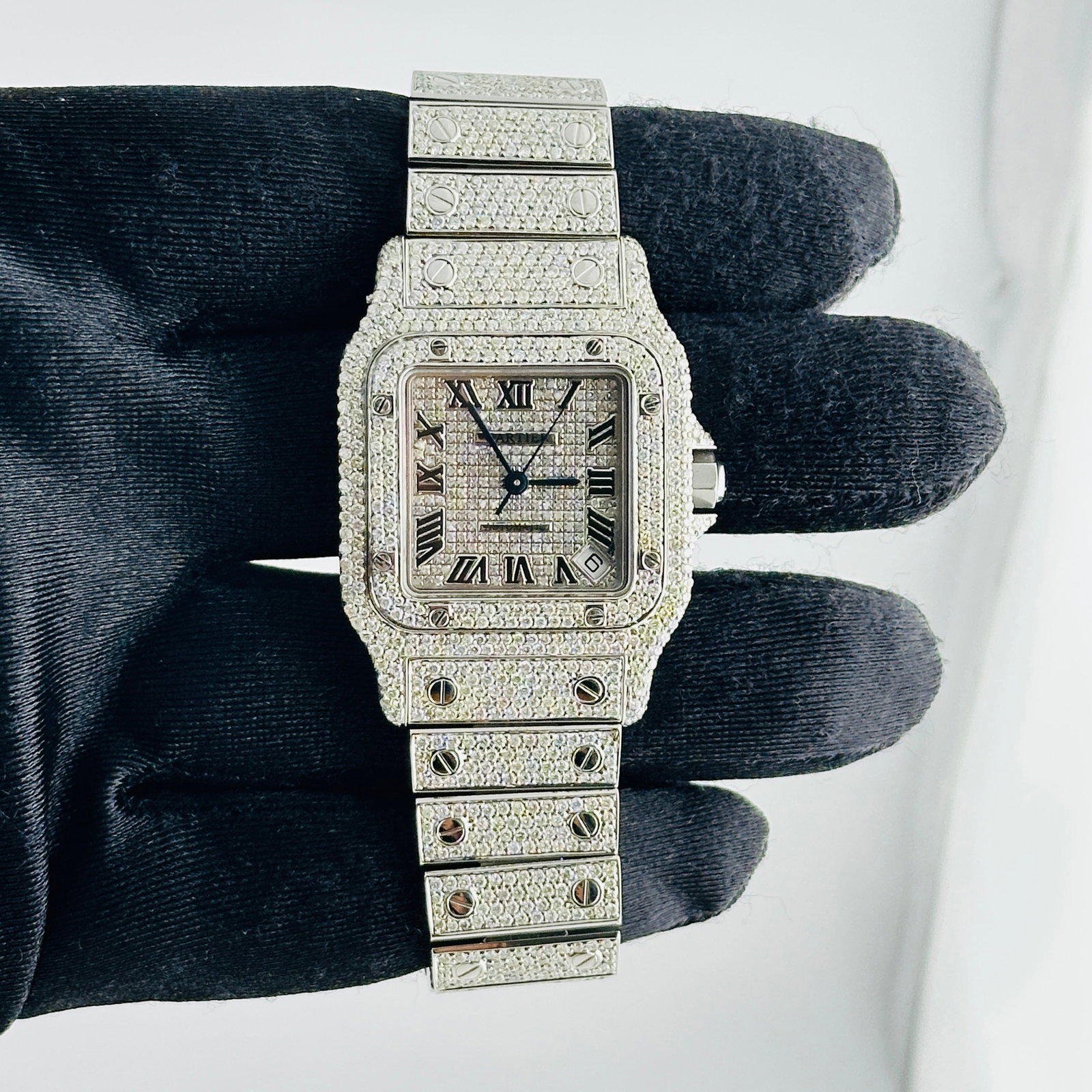 Ladies Cartier Santos Galbee Ref 2823 Diamond Dial and Bracelet with Papers: Ladies Cartier Santos Galbee Ref 2823 Diamond Dial and Bracelet with Papers This Cartier Santos Galbee features an iced out Roman numeral dial, a diamond bezel, and an iced out bracelet. The watch is 
