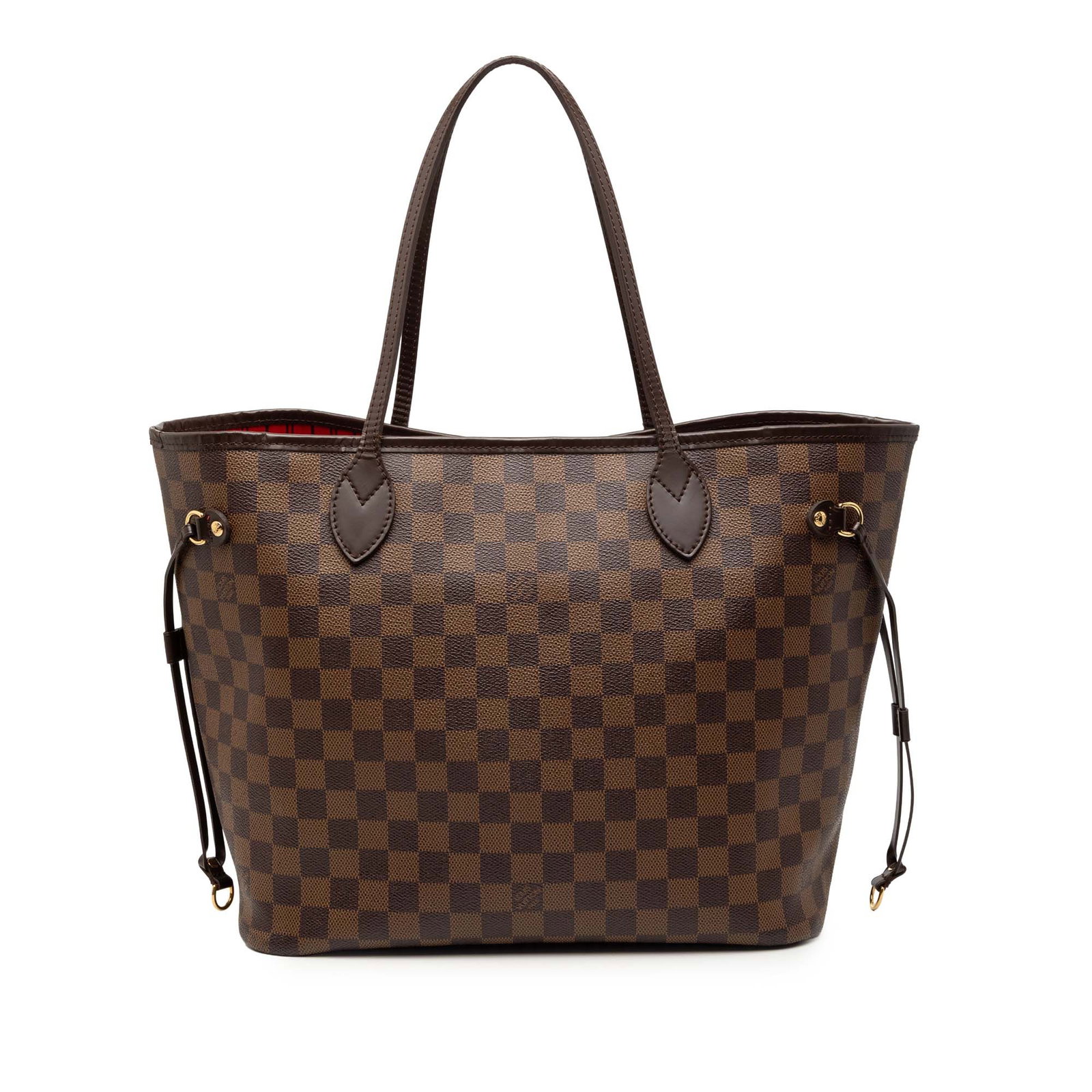 Louis Vuitton Neverfull MM Tote in Damier Ebene Canvas with Brown Leather Trim: Louis Vuitton Neverfull MM Tote in Damier Ebene Canvas with Brown Leather Trim This Louis Vuitton Damier Ebene Neverfull MM features the iconic damier canvas body with leather trim, flat leather shoul