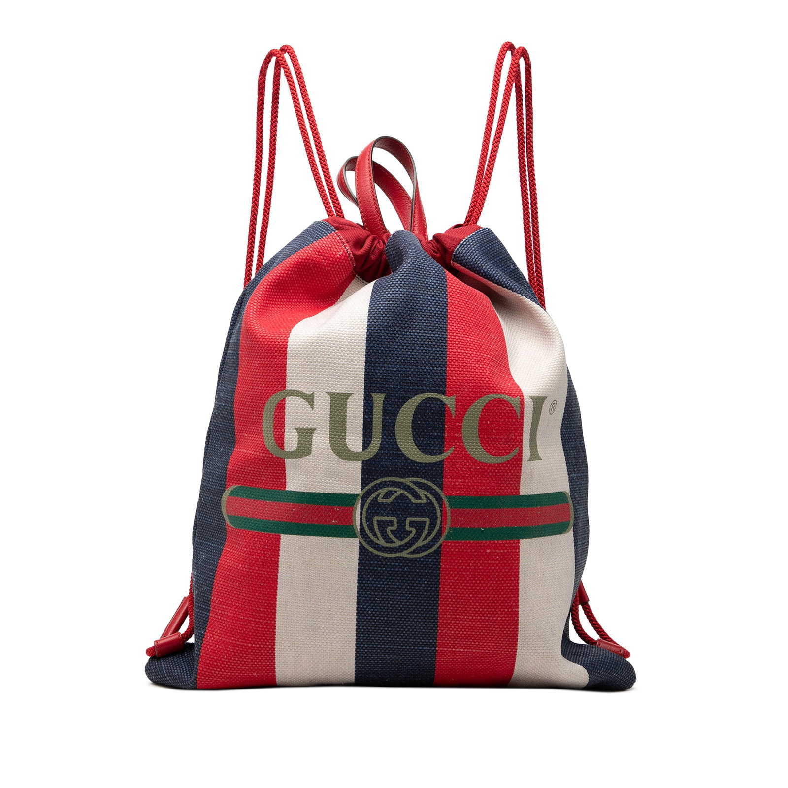 Gucci Baiadera Striped Canvas Backpack with Drawstring Closure: Gucci Baiadera Striped Canvas Backpack with Drawstring Closure This Gucci Canvas Baiadera Striped Drawstring Backpack is a bag made in Italy with a canvas body and flat leather top handles. It feature