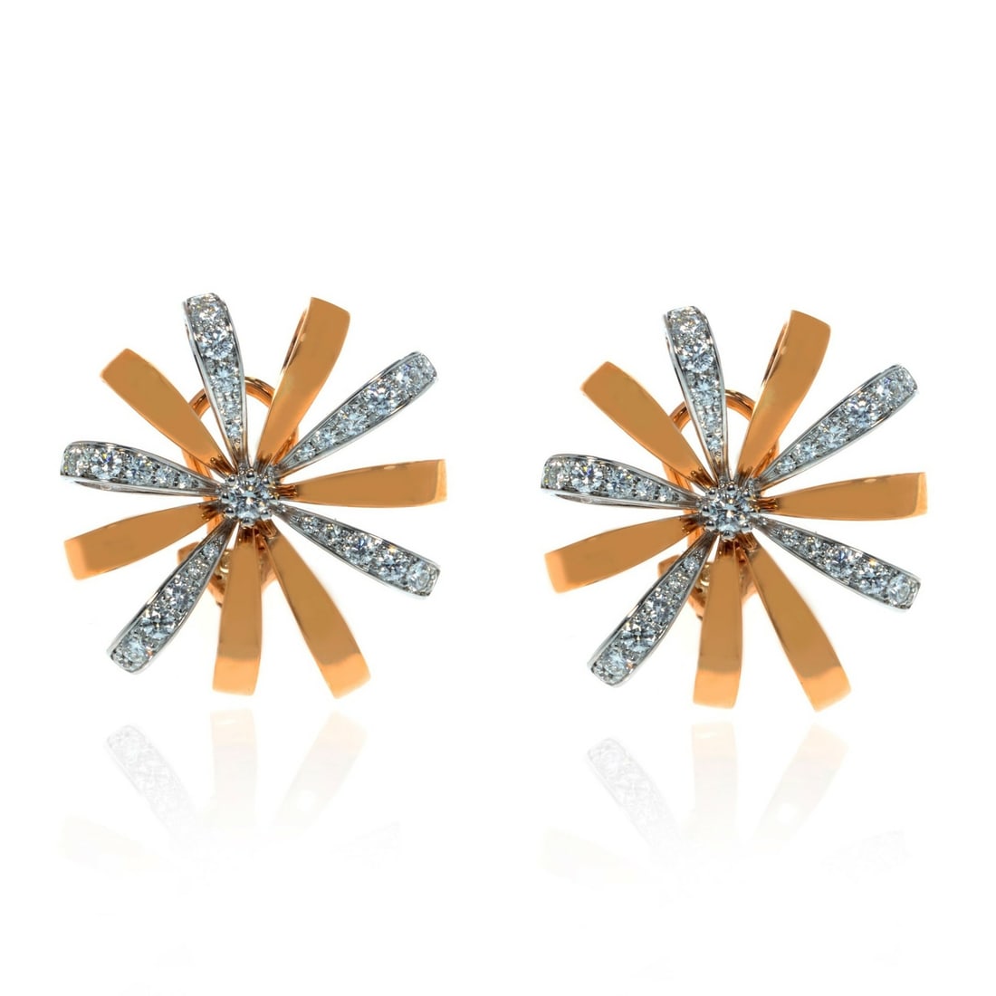 Luca Carati 18K Rose & White Gold Diamond Flower Huggie Earrings 1.29Cttw: Luca Carati 18K Rose & White Gold Diamond Flower Huggie Earrings 1.29Cttw Elevate your elegance with these stunning Luca Carati Diamond Flower Earrings, beautifully crafted in a harmonious blend of 18