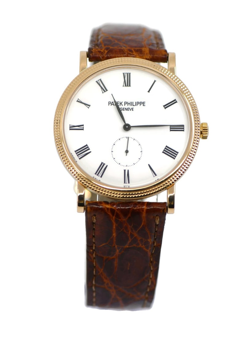 5119R Calatrava Manual Wind 18K Rose Gold Wristwatch Brown Leather Strap: 5119R Calatrava Manual Wind 18K Rose Gold Wristwatch Brown Leather Strap This Patek Philippe Calatrava wristwatch features a 36mm case crafted from 18K rose gold and is powered by a mechanical manual 