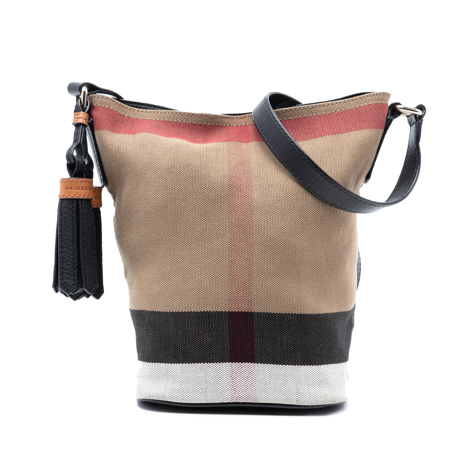 Mini Ashby Bucket Bag with Tassels in Burberry Canvas and Leather: Mini Ashby Bucket Bag with Tassels in Burberry Canvas and Leather This Burberry Mini Mega Check Canvas Ashby Tassel Bucket Bag features a canvas body with leather trim and tassel accents. It includes 