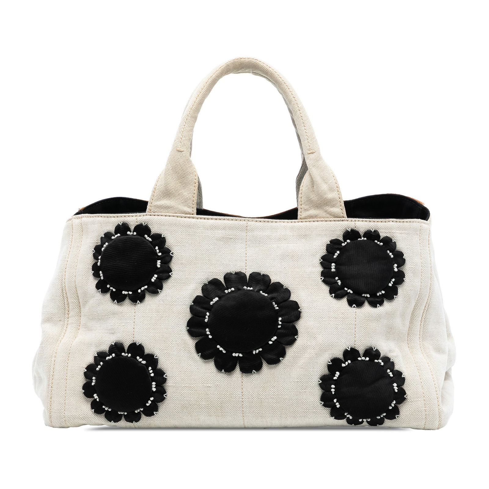 Prada Canapa Mistolino Floral Canvas Tote Bag: Prada Canapa Mistolino Floral Canvas Tote Bag This Prada Canvas Canapa Mistolino Tote features a fabric body with satin floral details, rolled handles, an open top, and interior zip and slip pockets. 