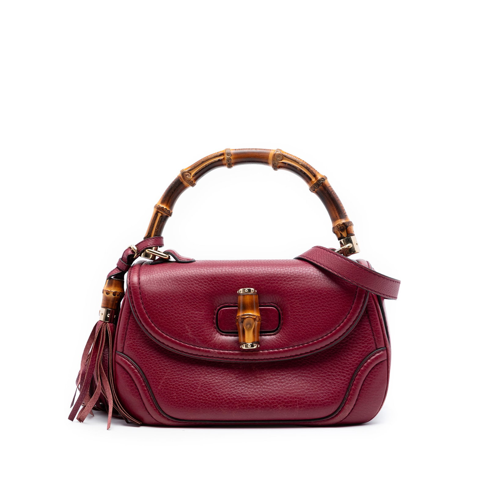 Gucci Red Bamboo Handle Satchel Leather Bag: Gucci Red Bamboo Handle Satchel Leather Bag This Gucci Medium Leather New Bamboo Satchel features a red leather body, a signature bamboo top handle, and a detachable flat leather strap for versatile c
