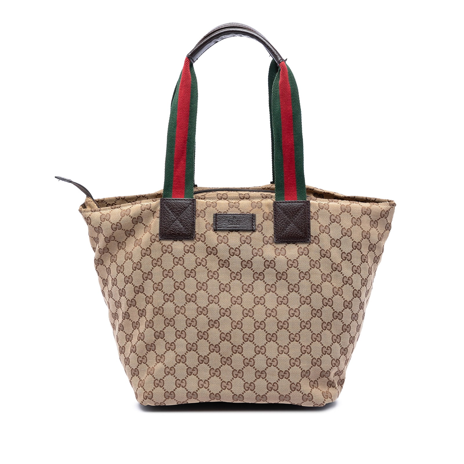 Gucci GG Canvas Tote Bag with Web Straps Beige: Gucci GG Canvas Tote Bag with Web Straps Beige This Gucci GG Canvas Web Tote is a beige tote bag made in Italy. It features a canvas body with leather trim, flat web straps, a top zip closure, and int