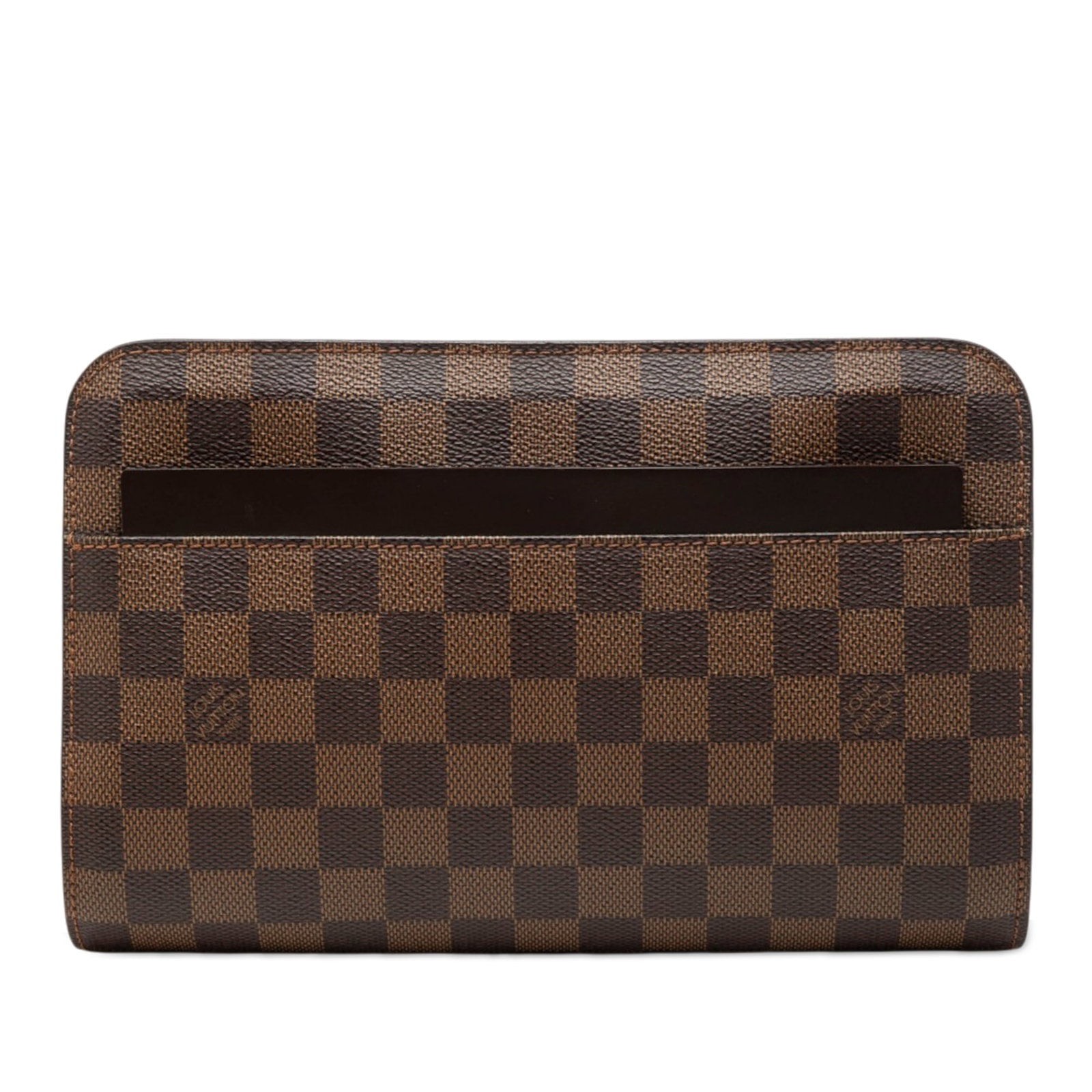 Louis Vuitton Damier Ebene pouch with leather trim and pockets: Louis Vuitton Damier Ebene pouch with leather trim and pockets This Louis Vuitton Damier Ebene Saint Louis Pochette features a classic damier canvas body with leather trim, complemented by both exteri