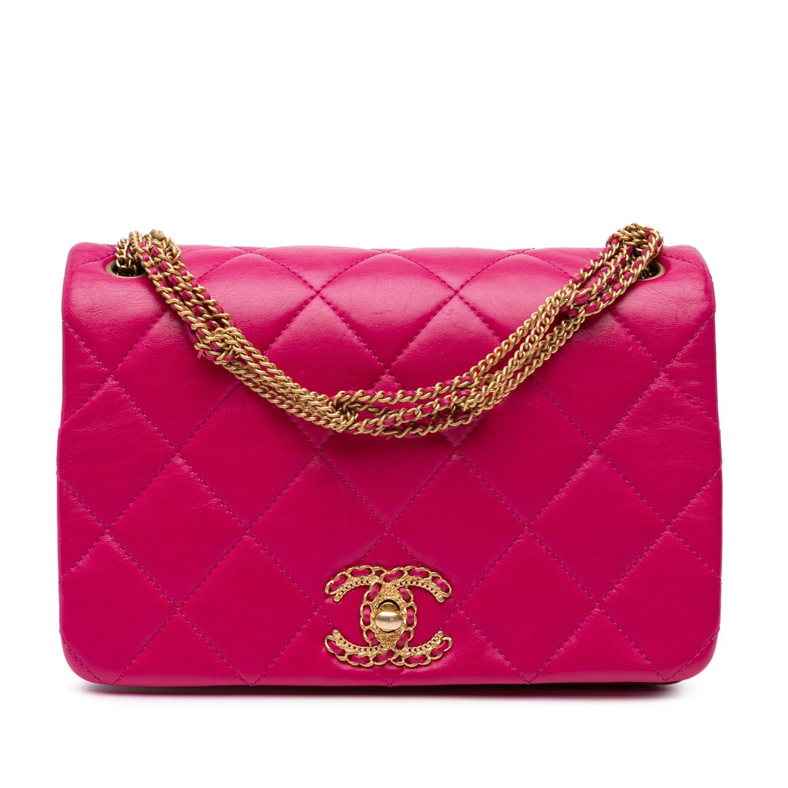 Chanel Pink Small Quilted Lambskin On And On Chain Flap Bag: Chanel Pink Small Quilted Lambskin On And On Chain Flap Bag This exquisite Chanel Small Quilted Lambskin On And On Chain Flap bag features a luxurious quilted lambskin leather body in a charming pink 