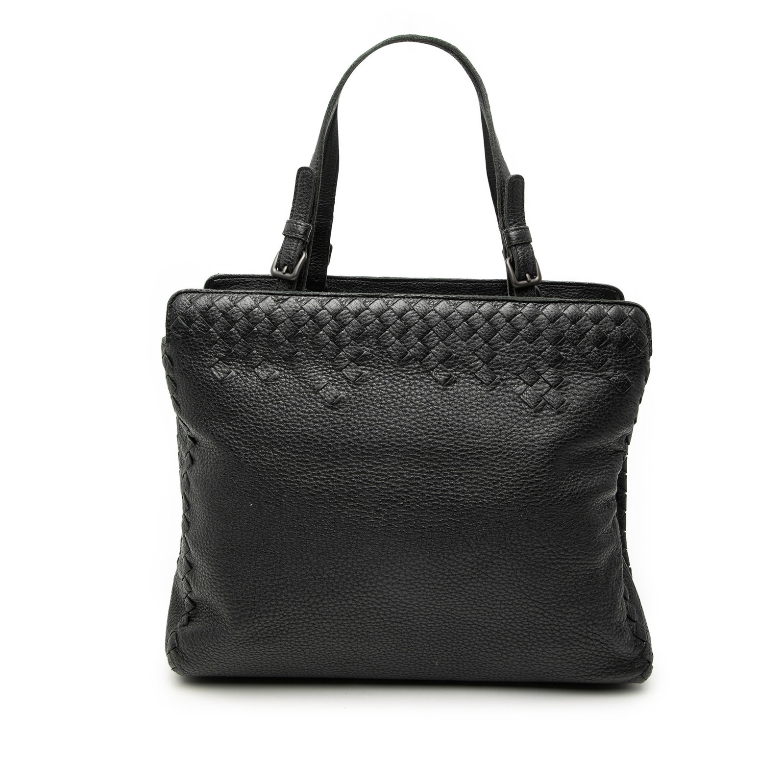 Black Intrecciato Grained Calf Leather Tote by Bottega Veneta: Black Intrecciato Grained Calf Leather Tote by Bottega Veneta This Bottega Veneta Grained Calfskin Intrecciato Tote showcases a grained calf leather body with signature woven trim detailing. It featur
