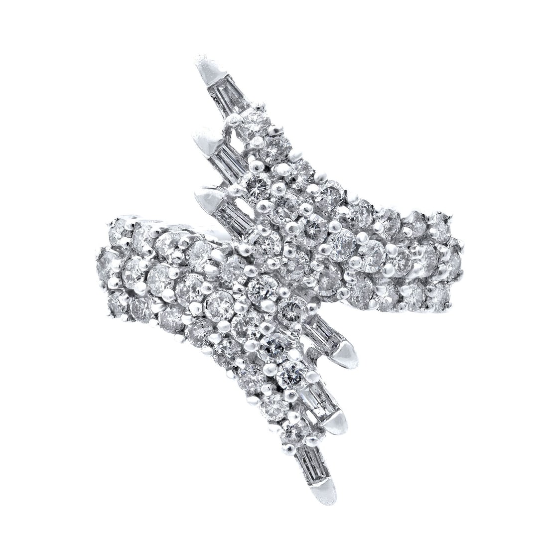Rachel Koen 14K White Gold Diamond Cocktail Ring 1.50Cttw Size 7: Rachel Koen 14K White Gold Diamond Cocktail Ring 1.50Cttw Size 7 This exquisite Rachel Koen cocktail ring showcases a stunning combination of round and baguette cut diamonds, elegantly set in 14K whit