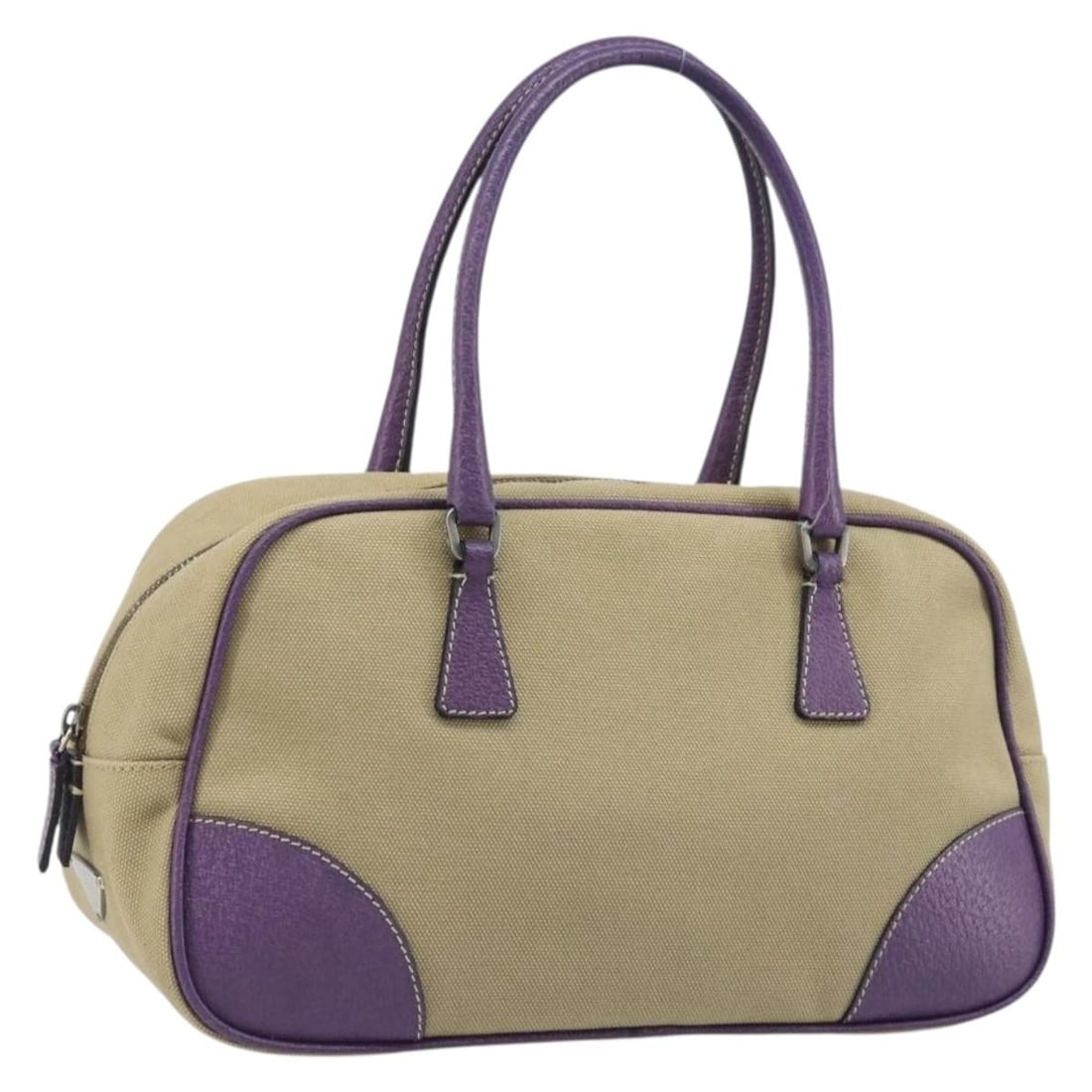 Prada Beige Canvas Handbag with Silver Accents for Women: Prada Beige Canvas Handbag with Silver Accents for Women This PRADA handbag for women features a beige and silver canvas exterior, offering a stylish and versatile accessory. Made in Italy, the bag in