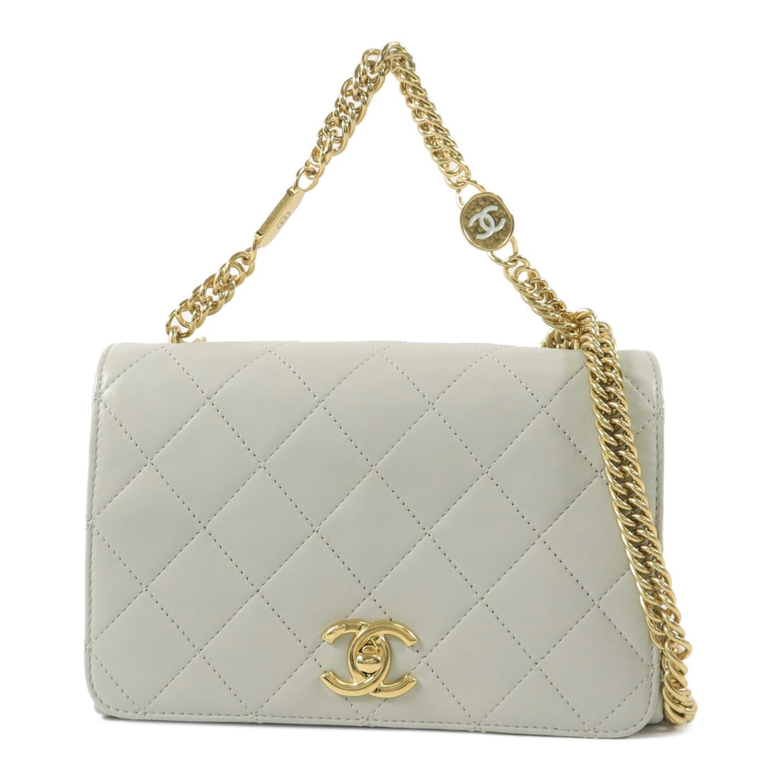 CHANEL CC Lambskin 2 Way Chain Shoulder Bag Gray GHW: CHANEL CC Lambskin 2 Way Chain Shoulder Bag Gray GHW This CHANEL 2-way shoulder bag is crafted from lambskin (sheep leather) in gray with light blue noted in the color description. It features a CC tu