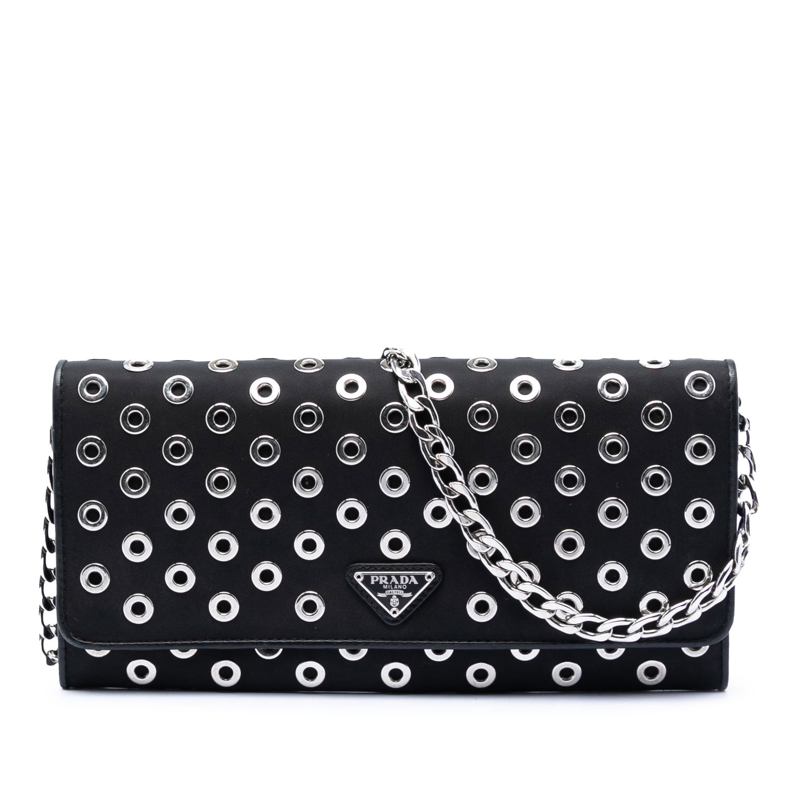 Prada Tessuto Grommet black nylon wallet crossbody with chain: Prada Tessuto Grommet black nylon wallet crossbody with chain Prada Tessuto Grommet Wallet On Chain in black fabric with a detachable chain link strap and front flap with magnetic snap closure. The in
