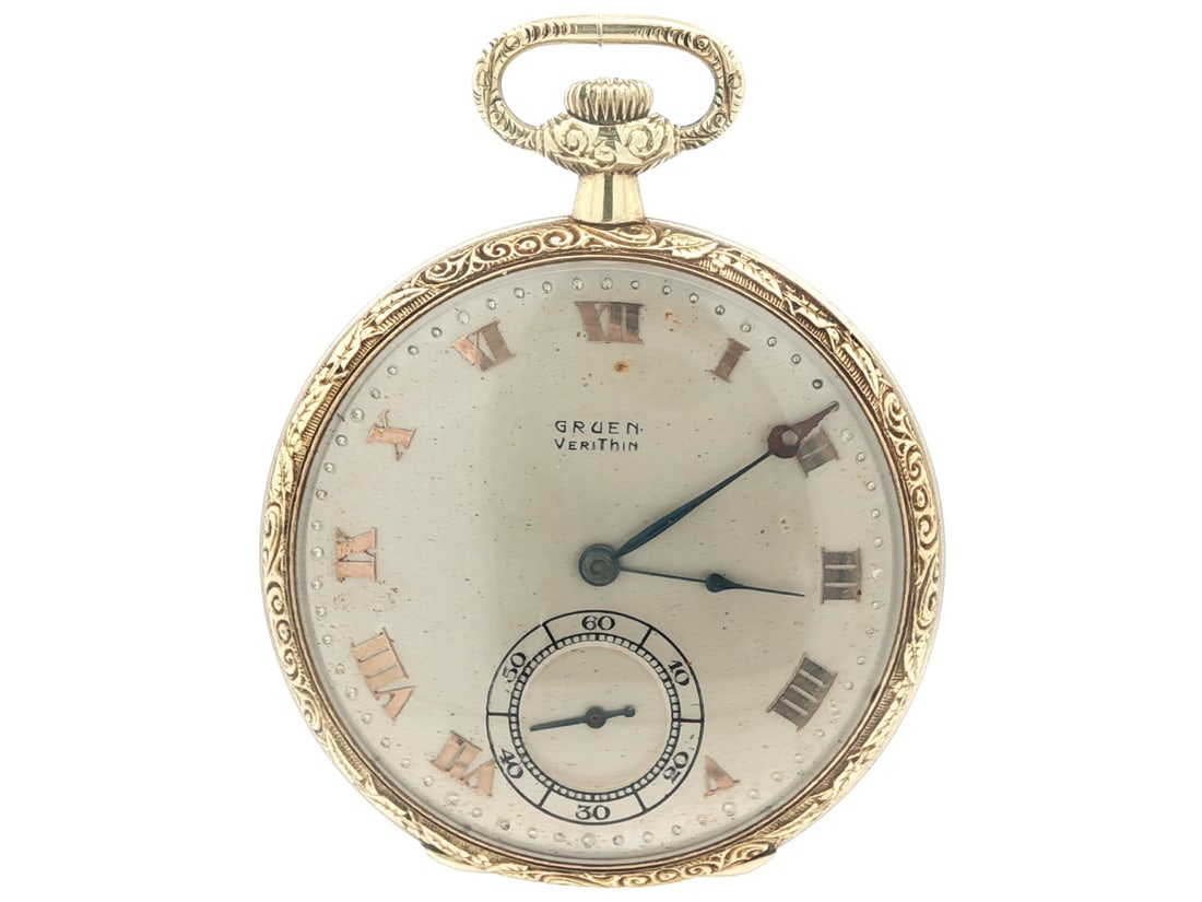 46mm 14k Yellow Gold Gruen Veri-Thin Manual Wind Swiss Pocket Watch: 46mm 14k Yellow Gold Gruen Veri-Thin Manual Wind Swiss Pocket Watch This vintage Gruen Veri Thin pocket watch features a solid 14k yellow gold open face case with a diameter of 46mm. It operates with 