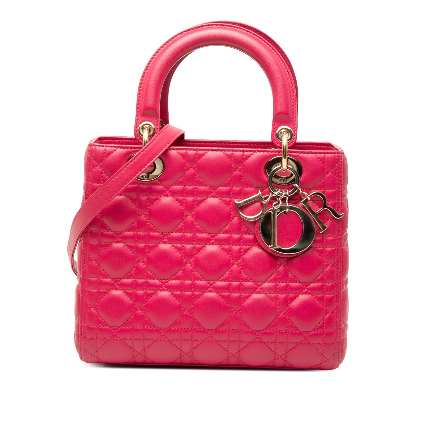 Dior Lady Dior Medium Pink Lambskin Cannage Handbag: Dior Lady Dior Medium Pink Lambskin Cannage Handbag Medium Lady Dior bag in pink quilted lambskin leather with Cannage detailing. It features flat leather top handles, a detachable flat leather strap,