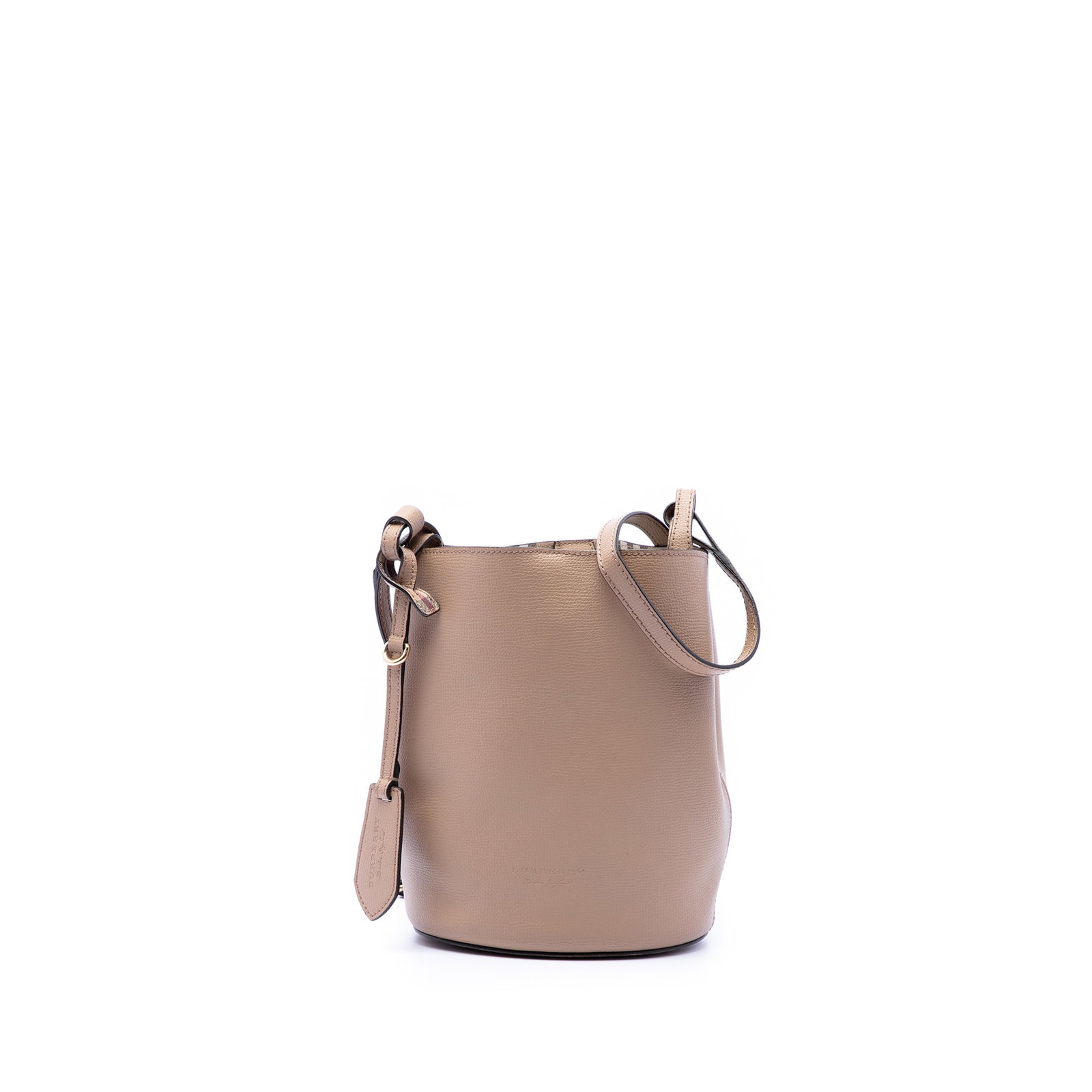 Brown Leather Bucket Shoulder Bag Burberry Lorne: Brown Leather Bucket Shoulder Bag Burberry Lorne Burberry Lorne bucket bag crafted in brown leather with a clean, structured silhouette. It features an adjustable flat leather shoulder strap and an op