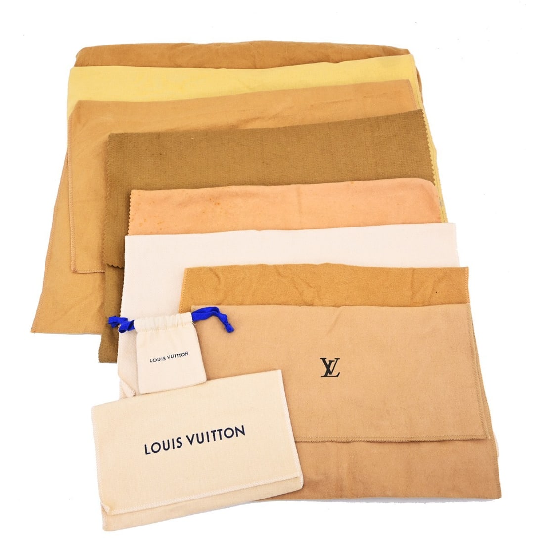 Set of 10 Louis Vuitton Cotton Dustbags Brown Beige: Set of 10 Louis Vuitton Cotton Dustbags Brown Beige Set of 10 Louis Vuitton dust bags in brown and beige cotton. These unisex dustbags show overall signs of use with reasonable wear and tear. Sizes va