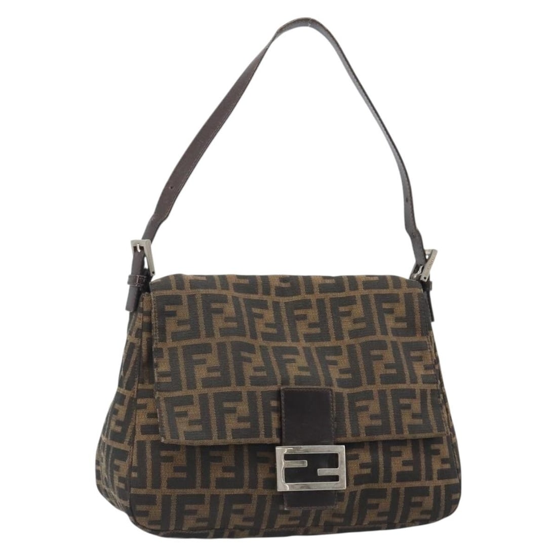 FENDI Mamma Baguette Shoulder Bag in Black Brown Zucca Canvas: FENDI Mamma Baguette Shoulder Bag in Black Brown Zucca Canvas Fendi Mamma Baguette shoulder bag in Zucca canvas with a black, silver, and brown color scheme. Made in Italy, this women's bag measures a