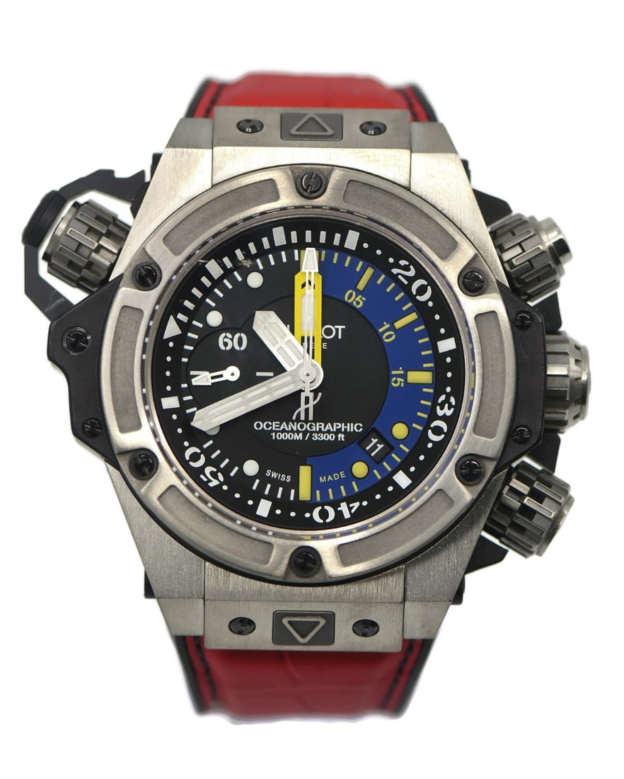 King Power Oceanographic 48mm Titanium Automatic Wristwatch by Hublot with Box: King Power Oceanographic 48mm Titanium Automatic Wristwatch by Hublot with Box The Hublot King Power Oceanographic is a men's wristwatch featuring a 48 mm titanium case and an analog display. This mod