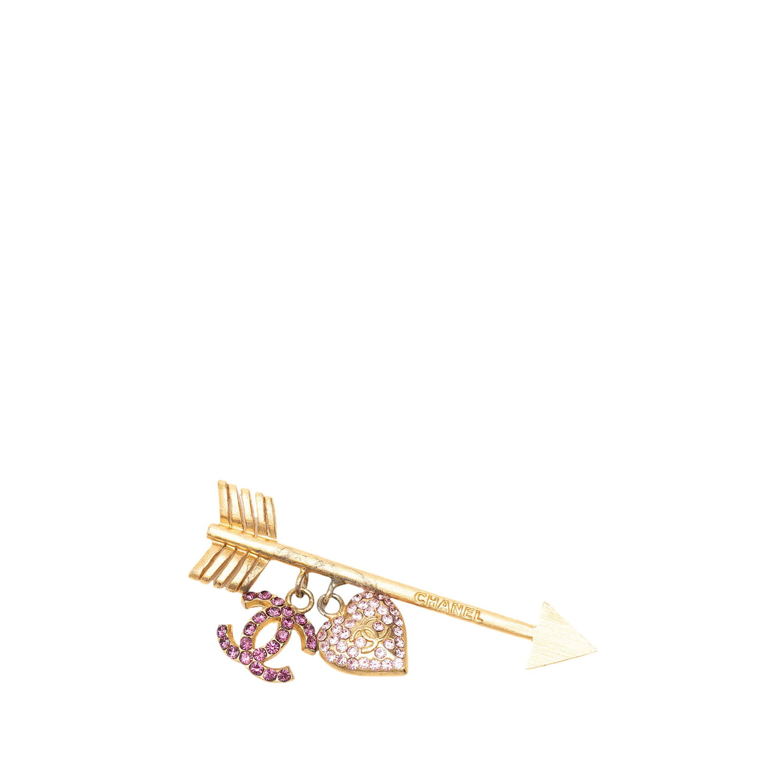 Chanel CC Arrow Heart Charm Brooch Gold Plated Strass: Chanel CC Arrow Heart Charm Brooch Gold Plated Strass Gold plated metal brooch with strass embellishments and a back pin closure. It is a costume accessory in gold color, made in France, and described