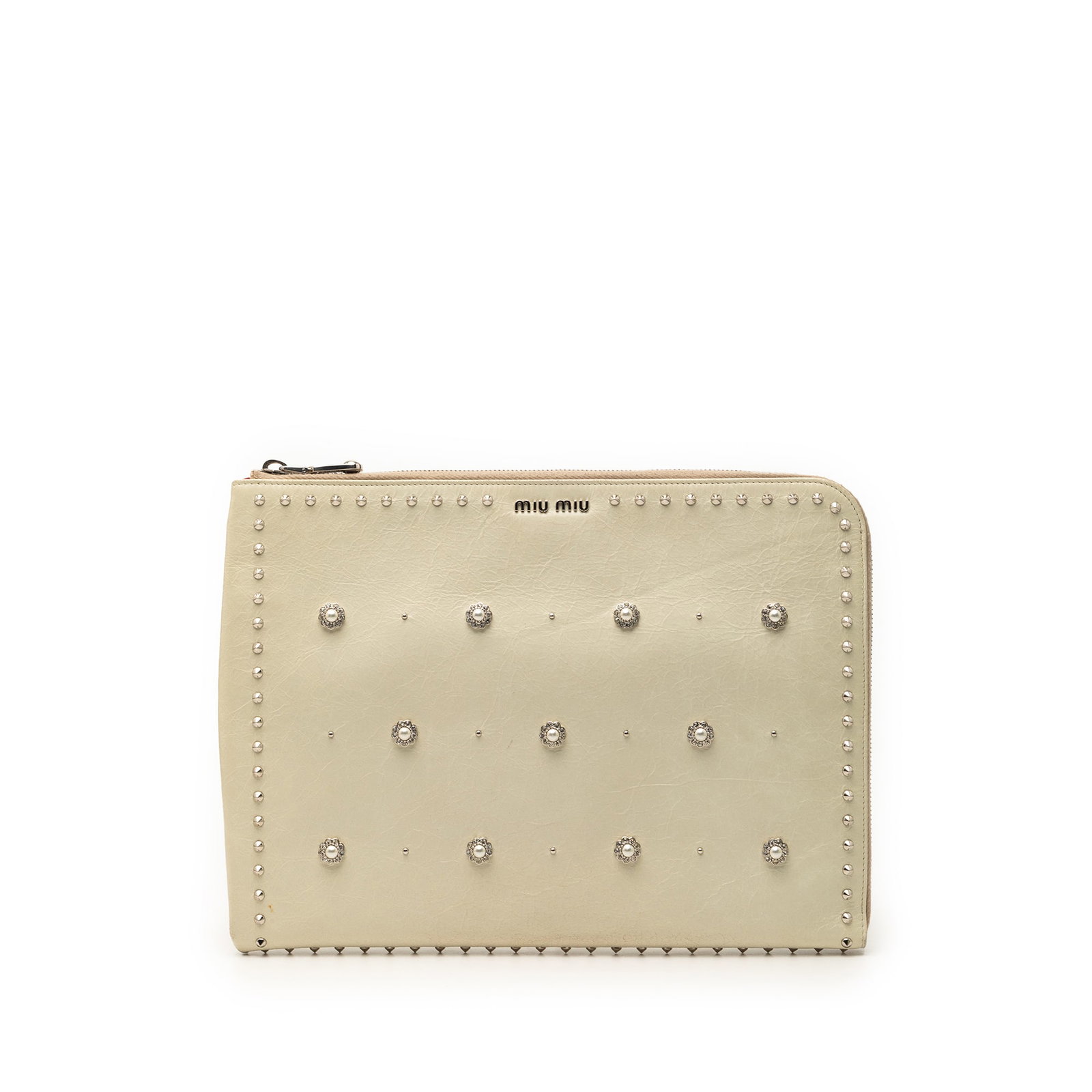 Miu Miu leather clutch with faux pearl floral studs: Miu Miu leather clutch with faux pearl floral studs This Miu Miu clutch features a white studded leather exterior adorned with faux pearl and crystal flower embellishments. It includes a detachable fl