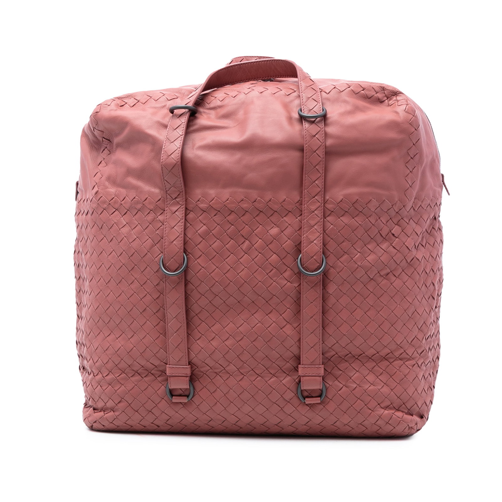 Bottega Veneta Pink Nappa Intrecciato Woven Leather Tote Bag: Bottega Veneta Pink Nappa Intrecciato Woven Leather Tote Bag This Bottega Veneta Nappa Intrecciato handbag showcases a signature woven leather design in pink. It features flat handles, a top zip closu