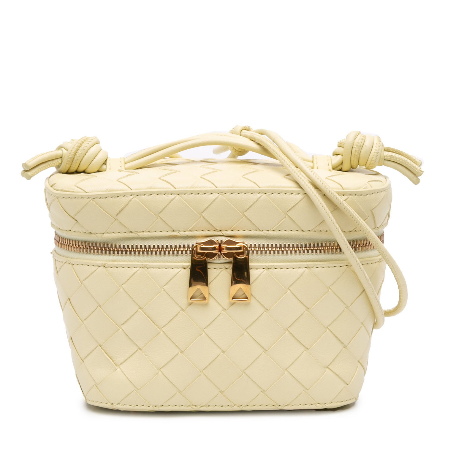 Bottega Veneta Mini Intrecciato Nappa Leather Vanity Bag Yellow: Bottega Veneta Mini Intrecciato Nappa Leather Vanity Bag Yellow Mini vanity case satchel with a woven nappa leather body, rolled leather handles, a rolled leather strap, and a top zip-around closure. 