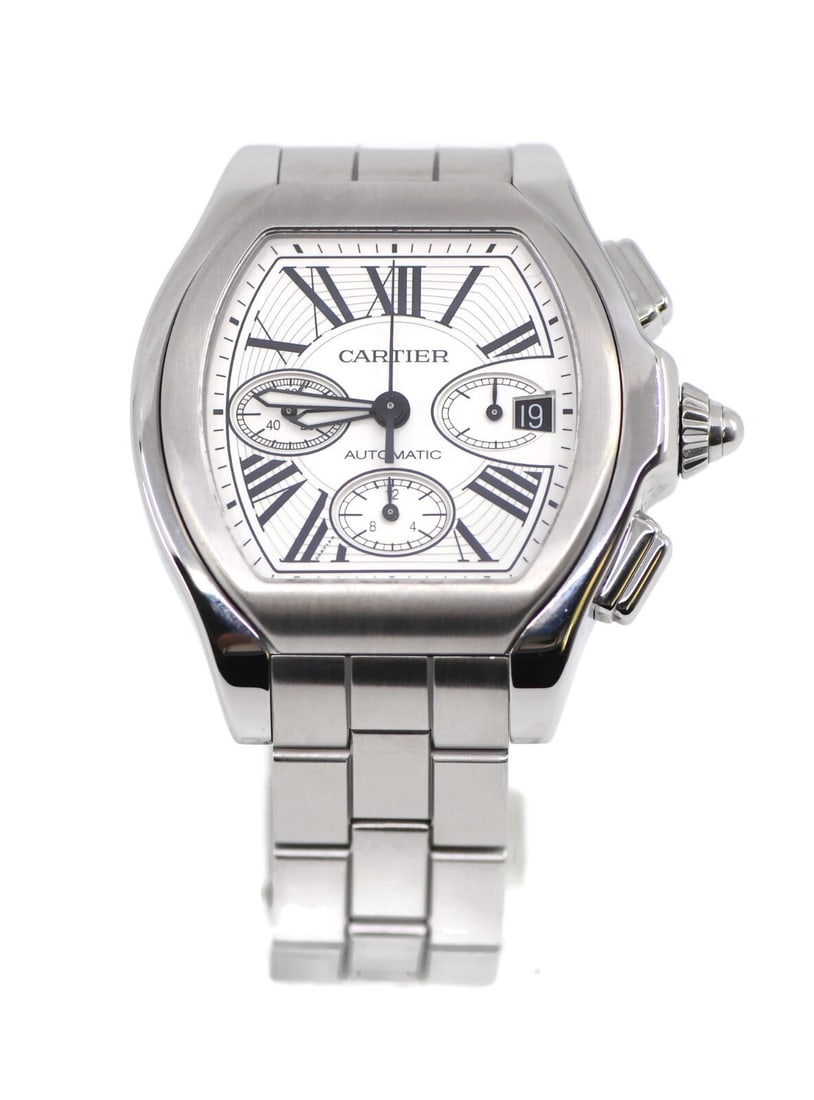Cartier Roadster 48mm Automatic Chronograph Steel Watch: Cartier Roadster 48mm Automatic Chronograph Steel Watch This Cartier Roadster Chronograph wristwatch features a stainless steel case and bracelet, complemented by a silver dial with analog display and