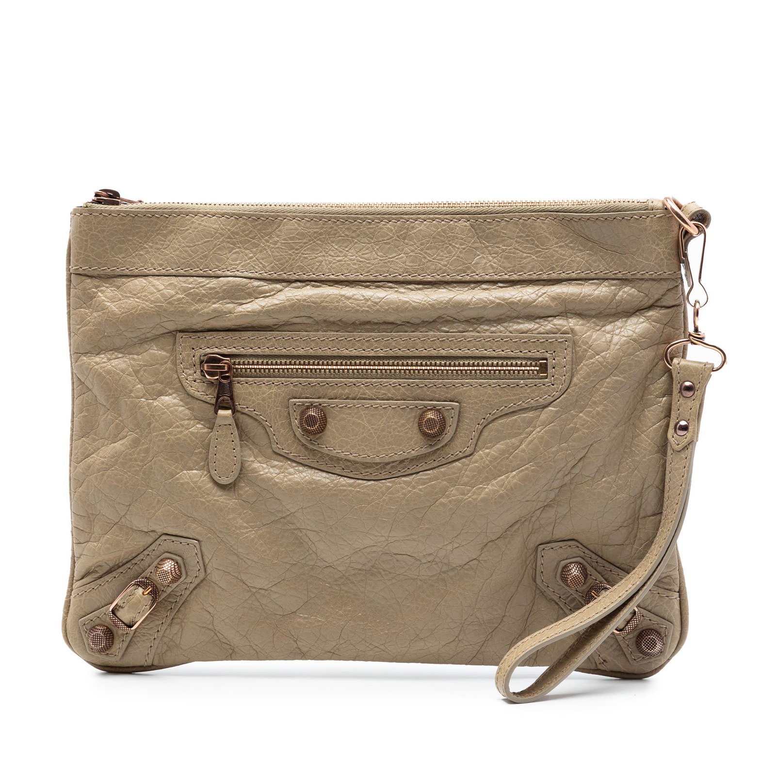 Balenciaga Giant 12 Motocross Lambskin Wristlet Clutch Bag: Balenciaga Giant 12 Motocross Lambskin Wristlet Clutch Bag Balenciaga Lambskin Motocross Giant 12 clutch in beige lambskin leather with stud detailing. This wristlet-style clutch features a flat leath