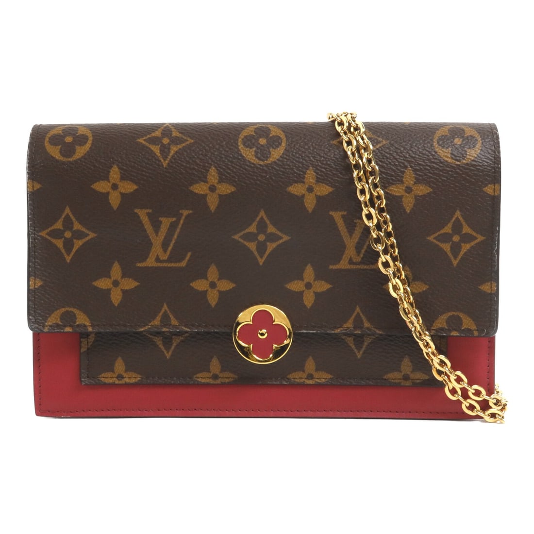 Louis Vuitton Portefeuille Flore M69578 Monogram Chain Shoulder Bag: Louis Vuitton Portefeuille Flore M69578 Monogram Chain Shoulder Bag Louis Vuitton Portefeuille Flore Chain Shoulder Bag, model M69578, in Brown x Red. It is made from Monogram x PVC coated canvas and 