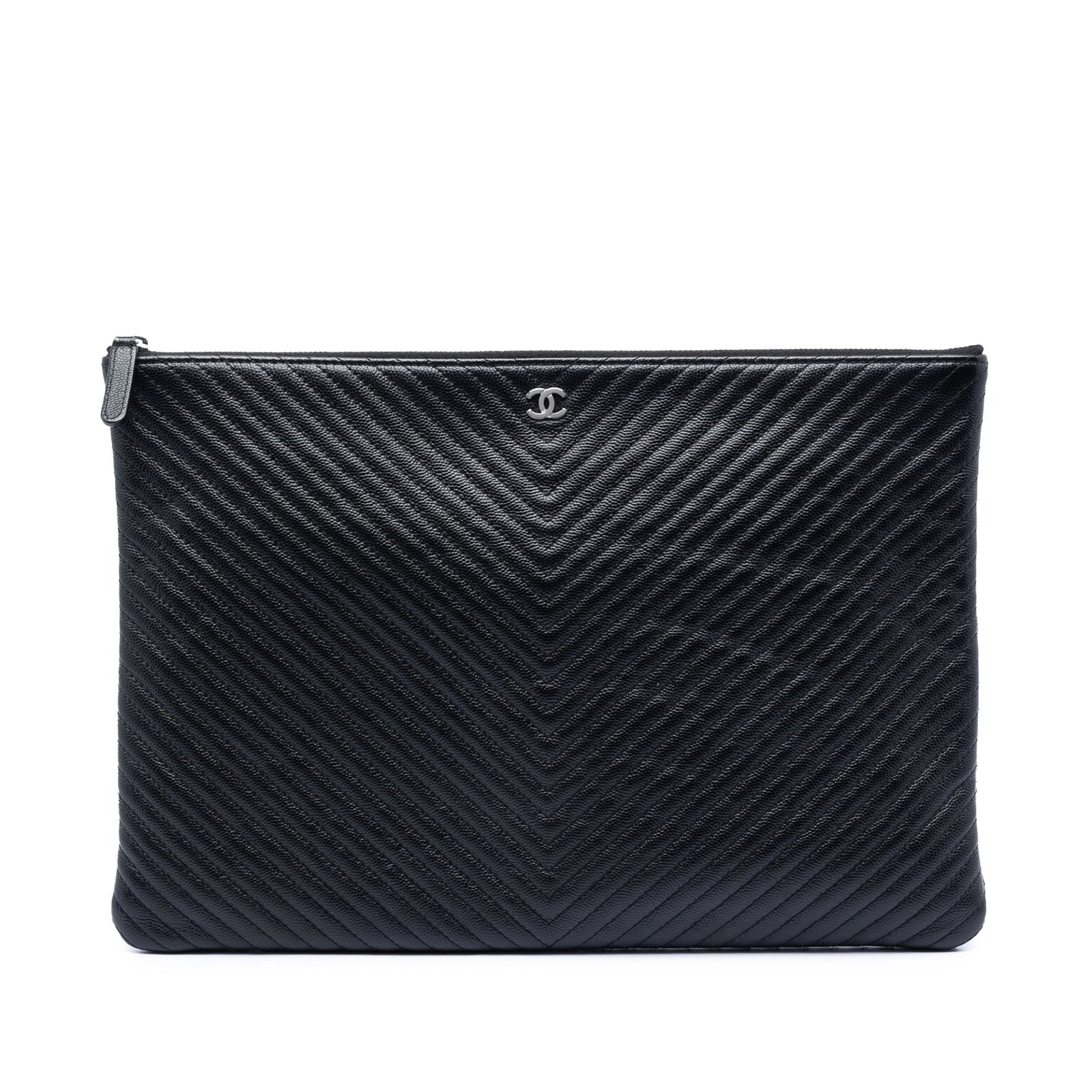 Chanel Black Chevron Caviar Leather O Case Clutch: Chanel Black Chevron Caviar Leather O Case Clutch This Chanel Large Chevron Caviar O Case Clutch features a chevron-quilted caviar leather exterior in black with a top zip closure. The bag is crafted 
