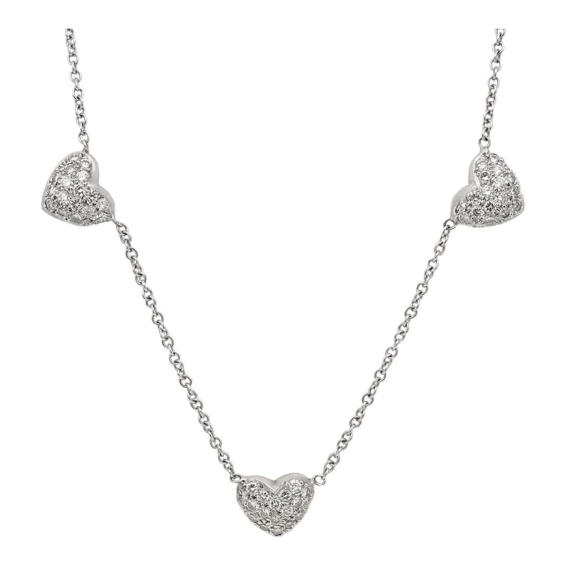 Rachel Koen 14k White Gold Three Heart Diamond Pave Necklace 16 Inch: Rachel Koen 14k White Gold Three Heart Diamond Pave Necklace 16 Inch This elegant necklace features three heart-shaped motifs, each adorned with pave-set round natural diamonds, and is crafted from 14