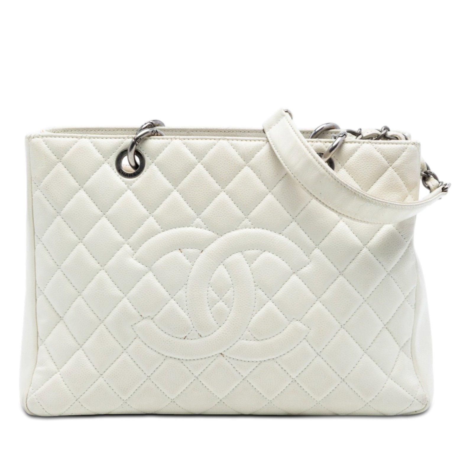 White Caviar Leather Grand Shopping Tote by Chanel with Quilted Finish: White Caviar Leather Grand Shopping Tote by Chanel with Quilted Finish This Chanel Caviar Grand Shopping Tote features a quilted Caviar leather body in white, leather-woven chain shoulder straps, an o