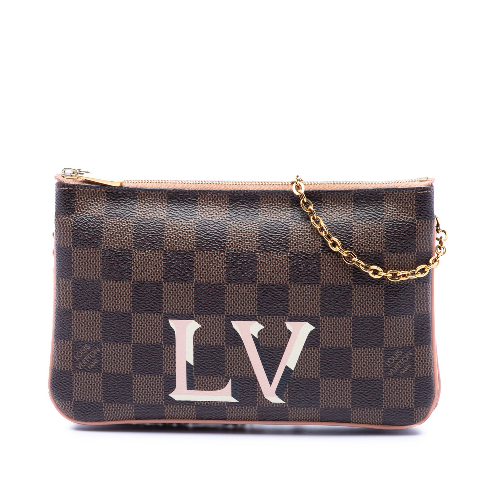 Louis Vuitton Damier Ebene chain strap pochette with dual zips: Louis Vuitton Damier Ebene chain strap pochette with dual zips This Louis Vuitton Damier Ebene Pochette Double Zip features the brand's signature damier canvas in brown, complemented by a detachable c