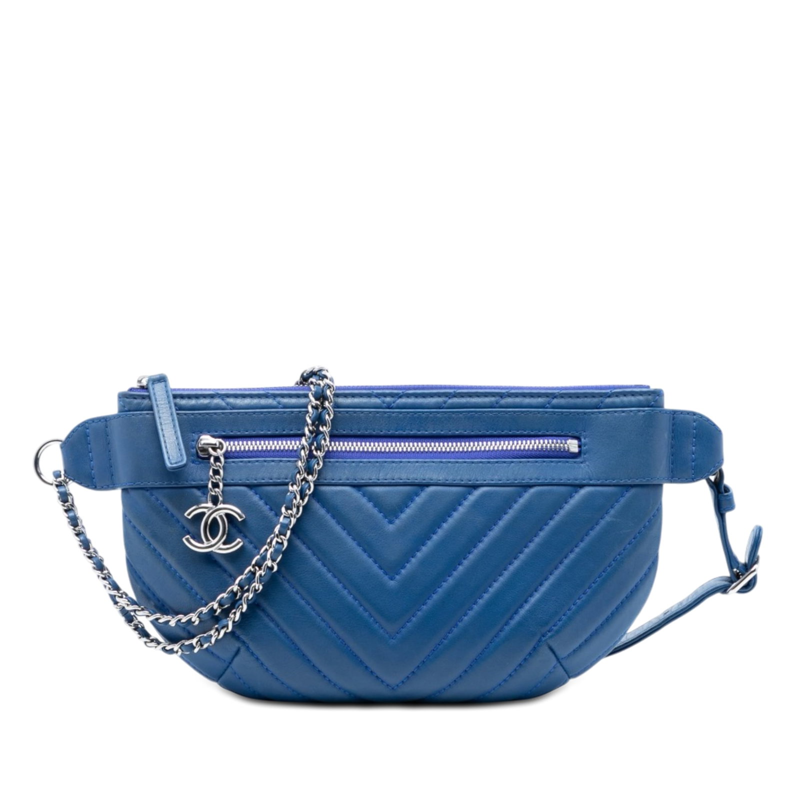 Chanel Chevron Lambskin Waist Bag Blue Top Zip: Chanel Chevron Lambskin Waist Bag Blue Top Zip This Chanel CC Chevron Lambskin Top Zip Belt Bag is crafted from quilted lambskin leather in blue, featuring an adjustable leather-woven chain and leathe