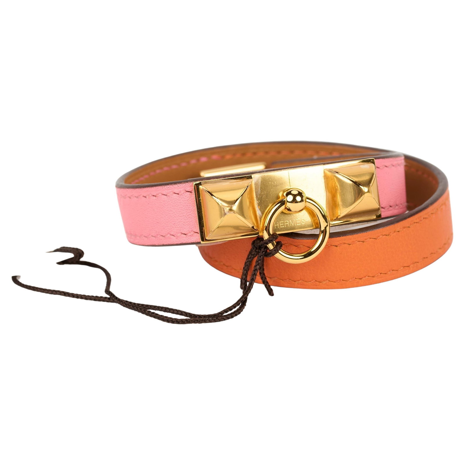 Hermes Rivale Double Tour Swift Bracelet Rose Azalee Orange XS: Hermes Rivale Double Tour Swift Bracelet Rose Azalee Orange XS Hermes Rivale Double Tour bracelet in rose azalee and orange Swift leather with Medor studs and a swivel closure. This extra small bracel