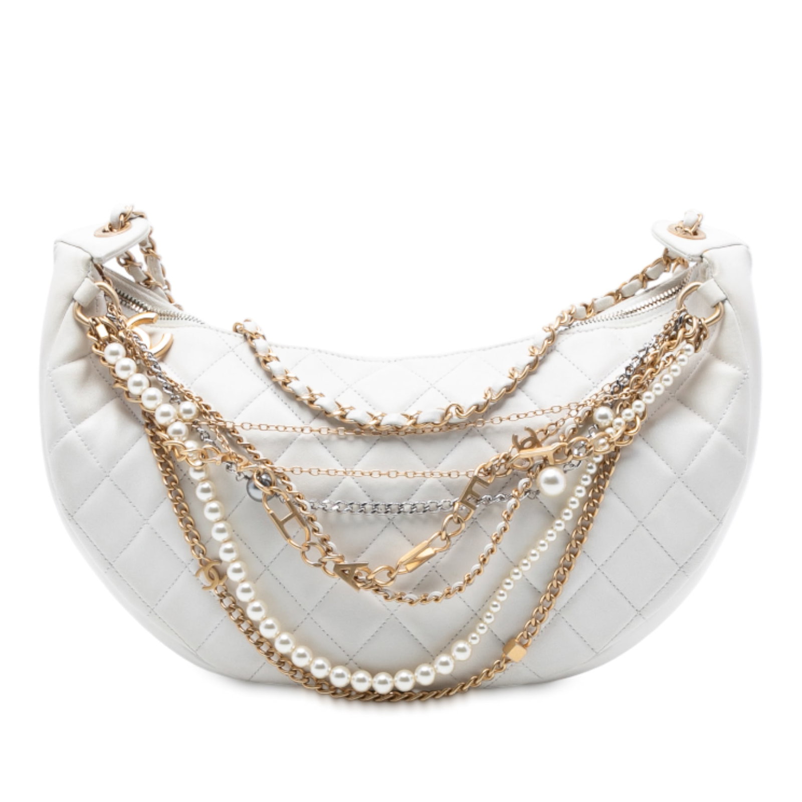 White Chanel All About Chains Quilted Lambskin Hobo Bag with Chain Strap: White Chanel All About Chains Quilted Lambskin Hobo Bag with Chain Strap This Chanel hobo bag showcases a quilted lambskin leather body with signature chain details, complemented by a leather-woven ch