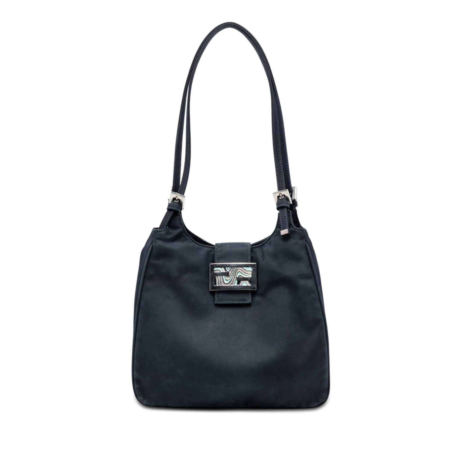 Fendi FF Marble Blue Canvas Shoulder Bag: Fendi FF Marble Blue Canvas Shoulder Bag Fendi Canvas FF Marble Shoulder Bag crafted with a canvas body and an adjustable flat leather strap. The bag features an open top with a flat strap and magneti