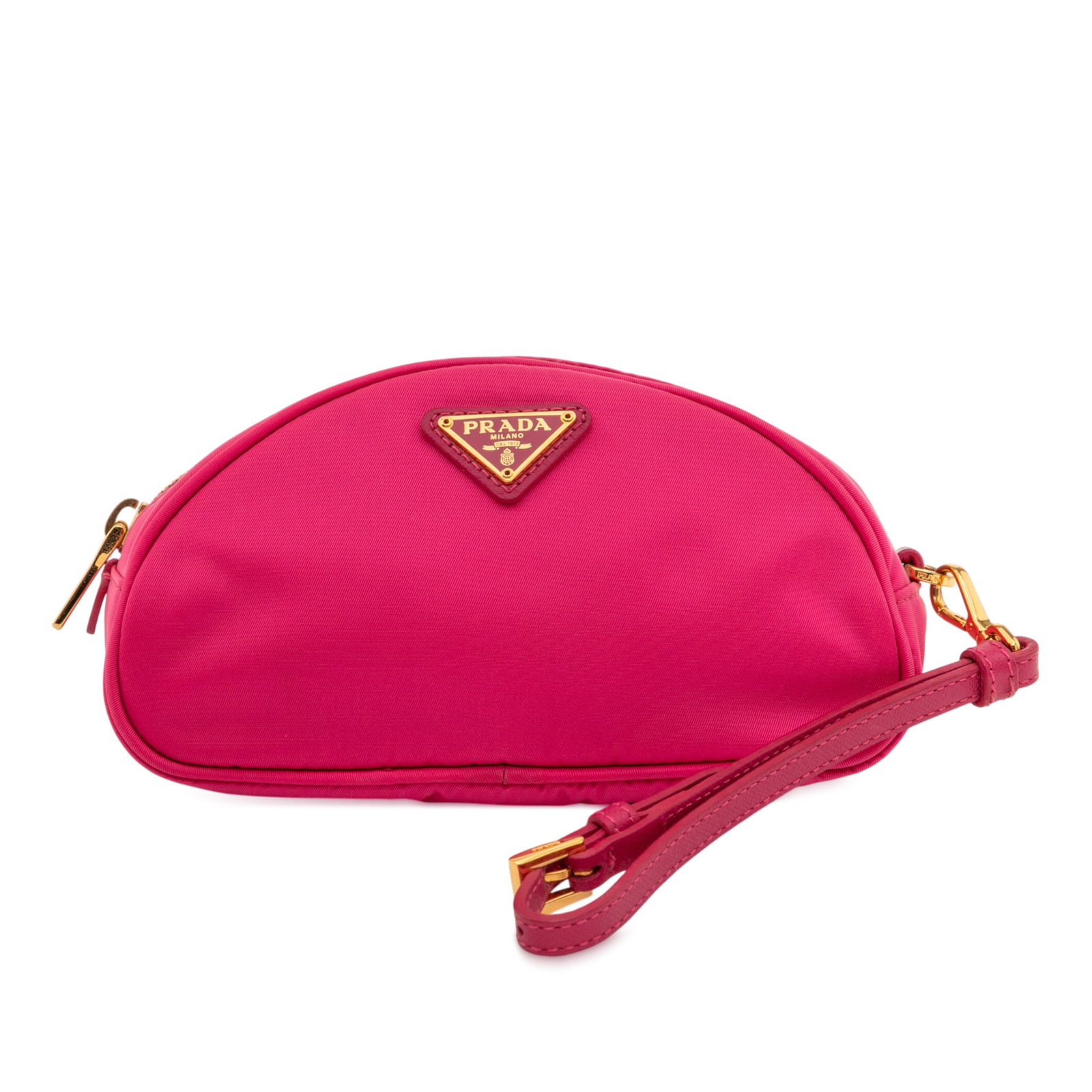 Prada Tessuto Pink Nylon Pouch with Leather Strap: Prada Tessuto Pink Nylon Pouch with Leather Strap Introducing the Prada Tessuto Pouch, a stylish accessory crafted with a durable nylon body and accented with a flat saffiano leather wrist strap. This