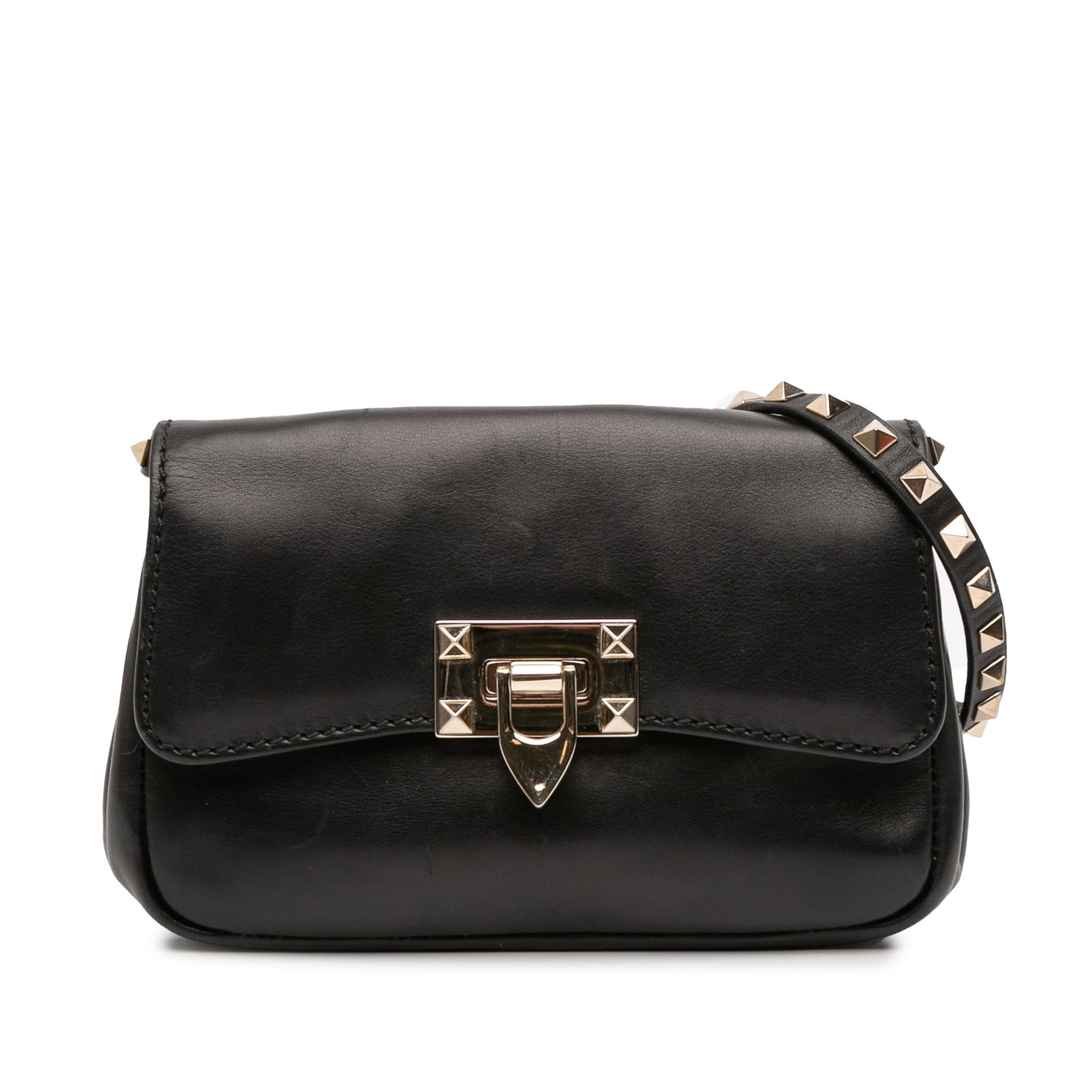 Black Leather Crossbody Bag with Studded Strap by Valentino: Black Leather Crossbody Bag with Studded Strap by Valentino This Valentino Small Leather Rockstud Crossbody features a black leather body with signature studded detailing on the flat strap. It is desi