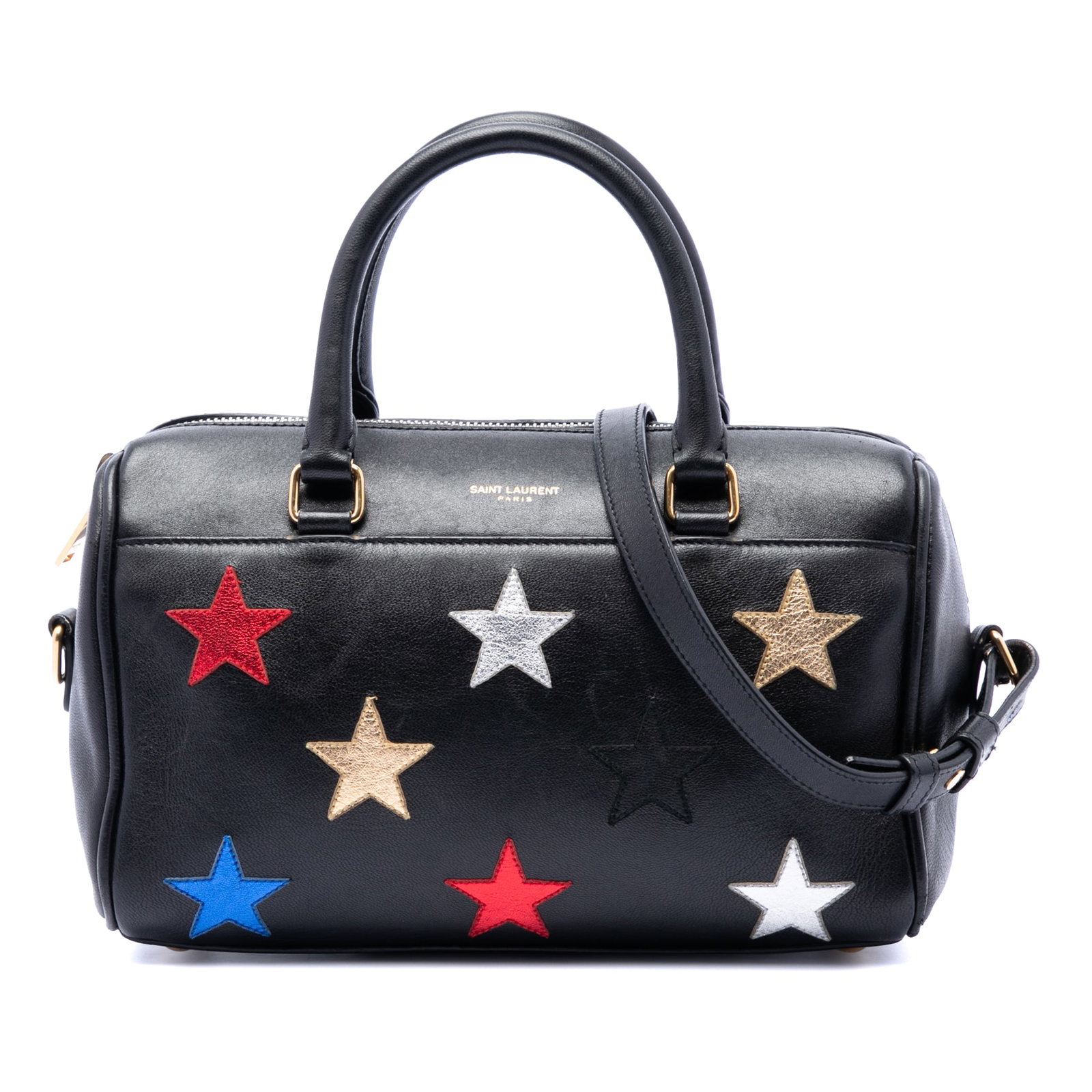 Saint Laurent leather duffle satchel with star patches: Saint Laurent leather duffle satchel with star patches This Saint Laurent Baby Leather Star Patchwork Classic Duffle Satchel is crafted from black leather with distinctive star patch detailing. It fea